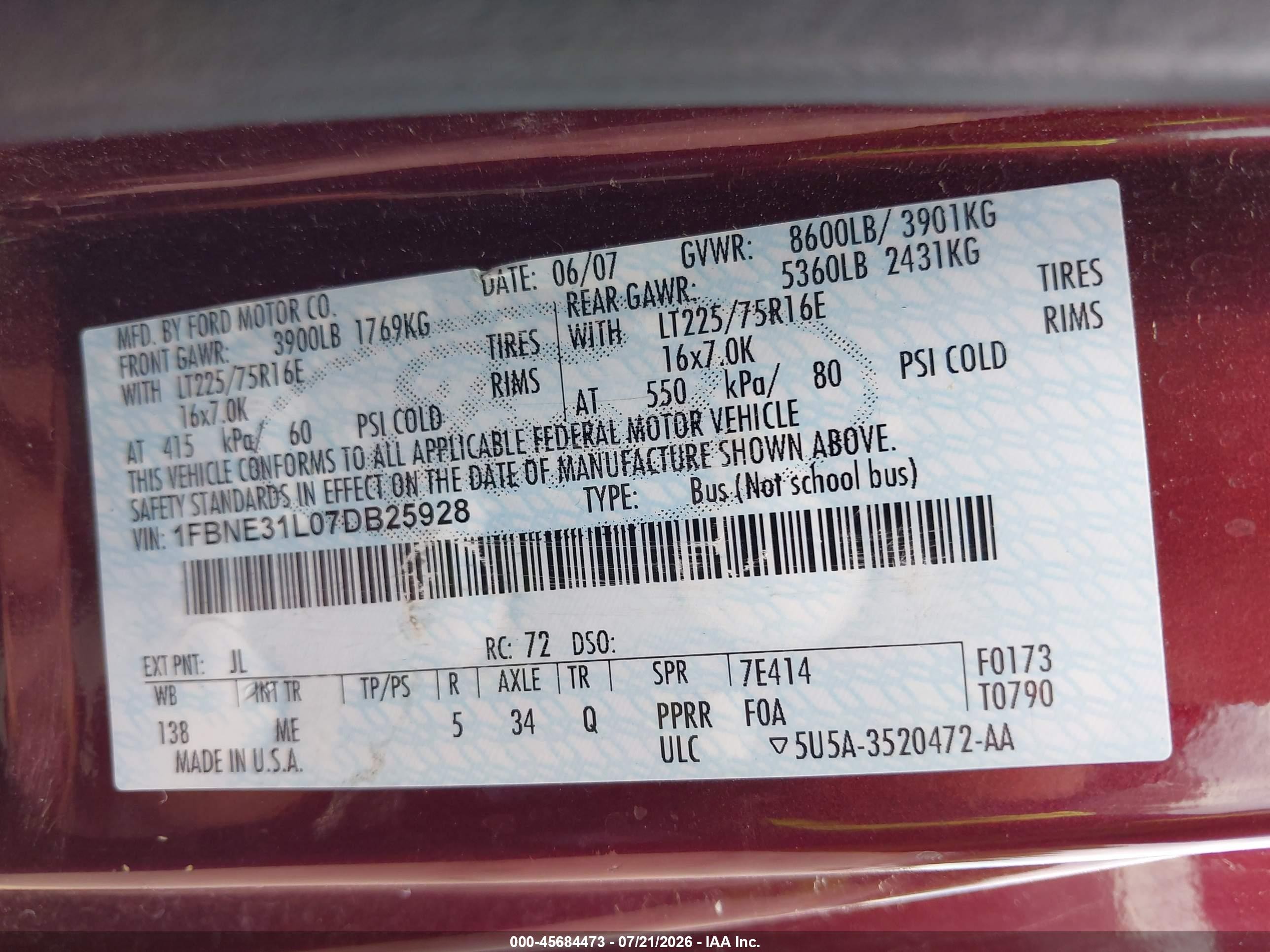 2007 Ford E-350 Super Duty Xl/xlt Red vin: 1FBNE31L07DB25928