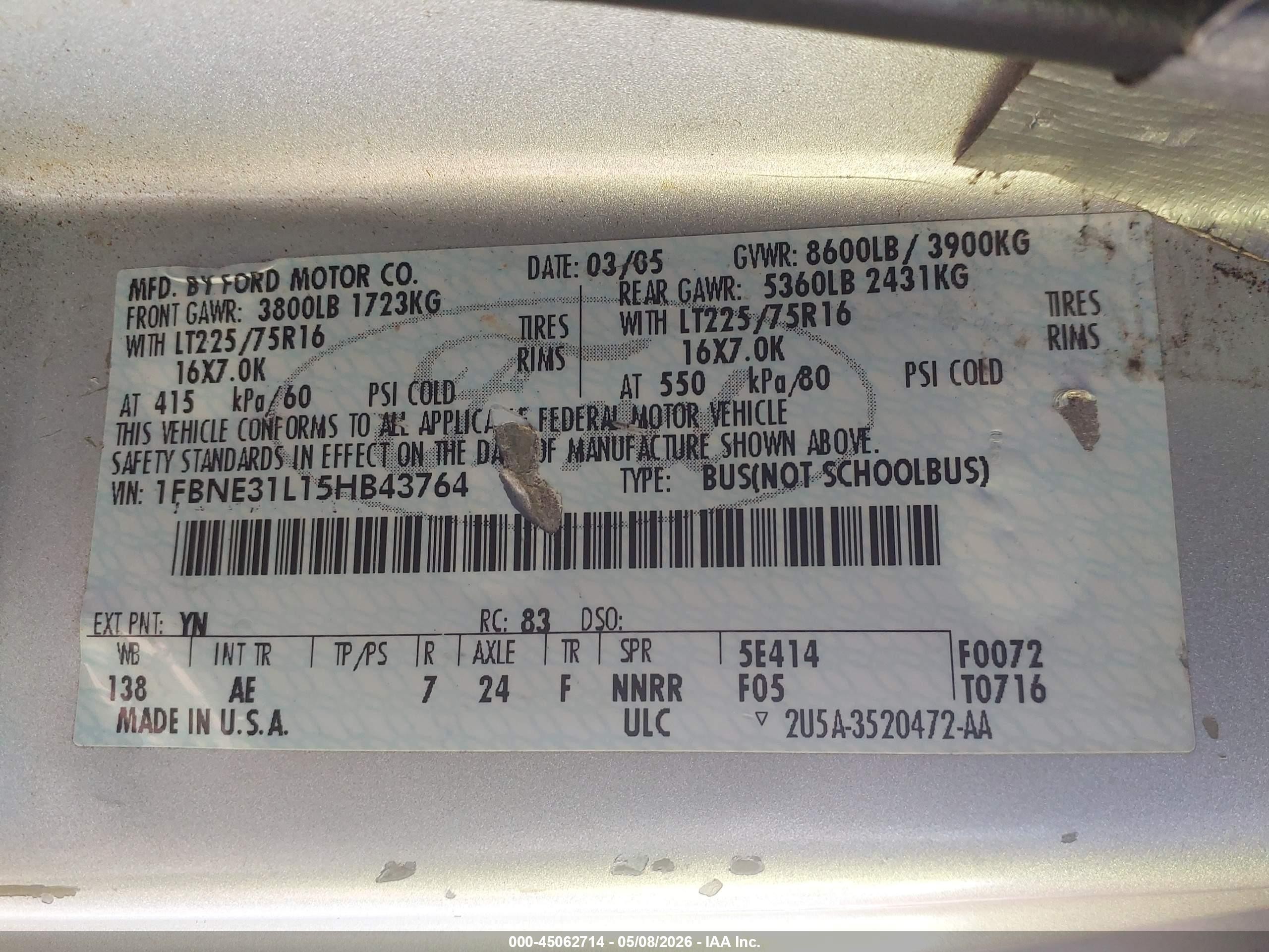 2005 Ford E-350 Super Duty   Silver vin: 1FBNE31L15HB43764