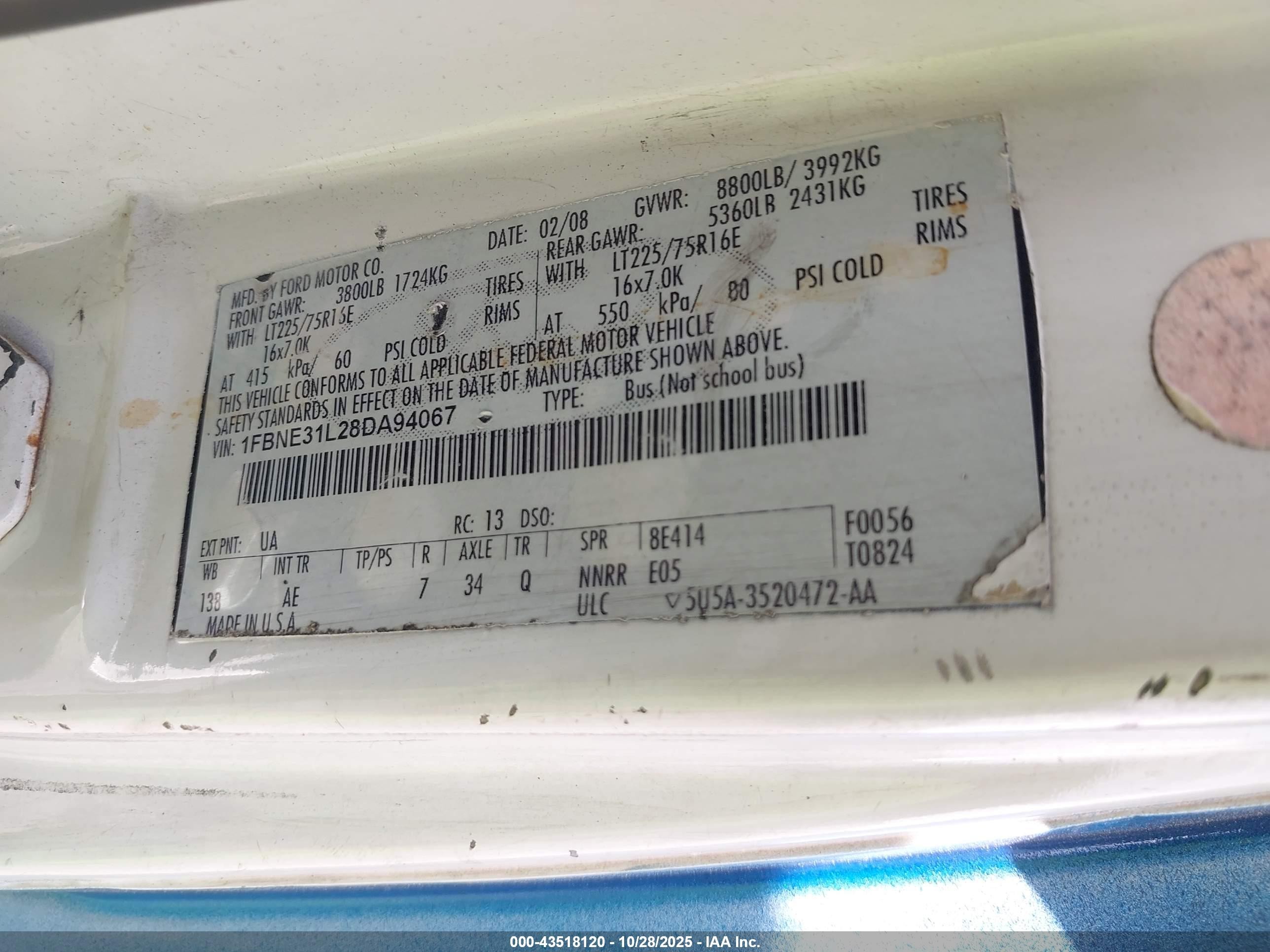 2008 Ford E-350 Super Duty Xl/xlt Blue vin: 1FBNE31L28DA94067