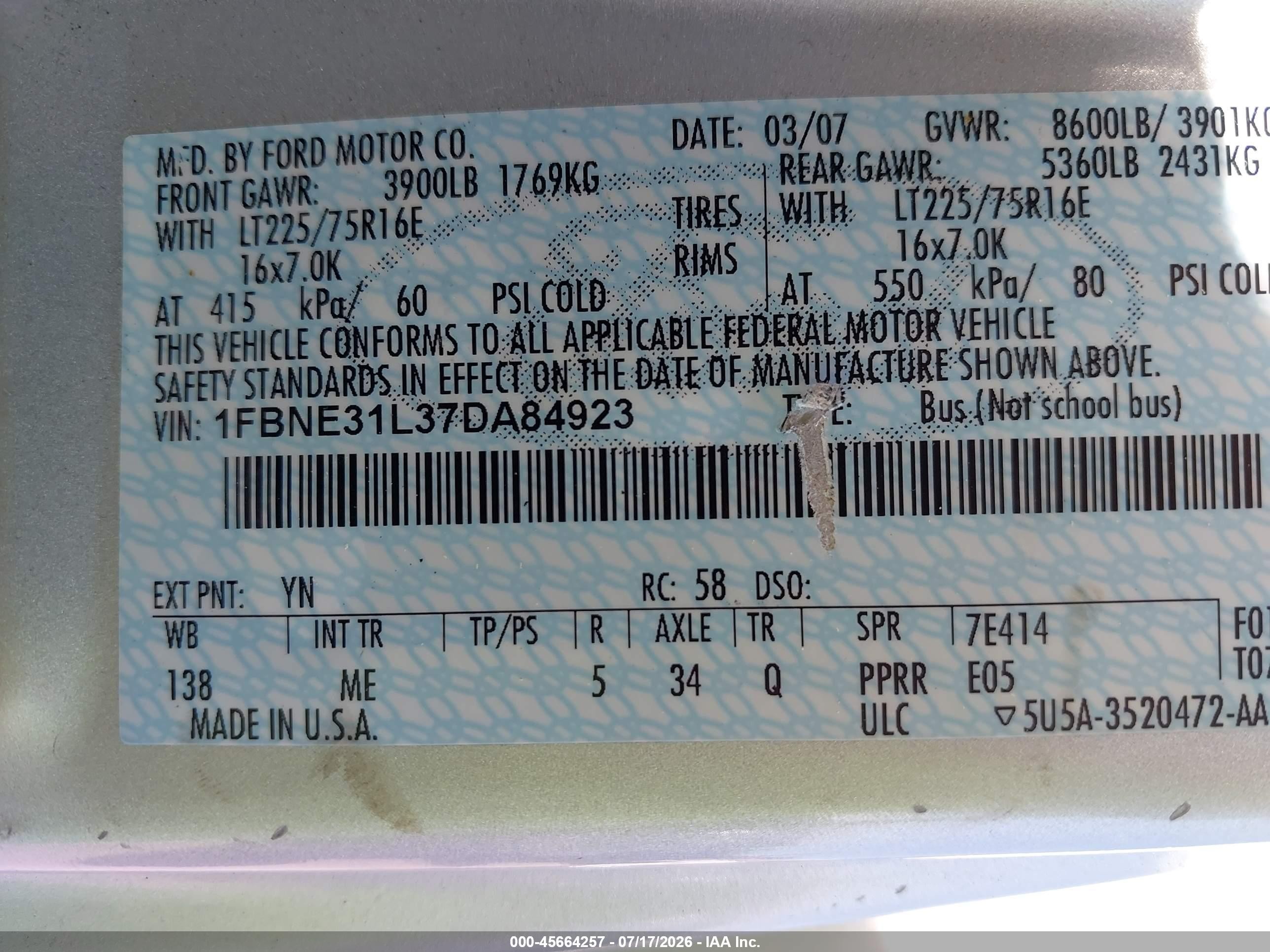 2007 Ford E-350 Super Duty Xl/xlt Silver vin: 1FBNE31L37DA84923