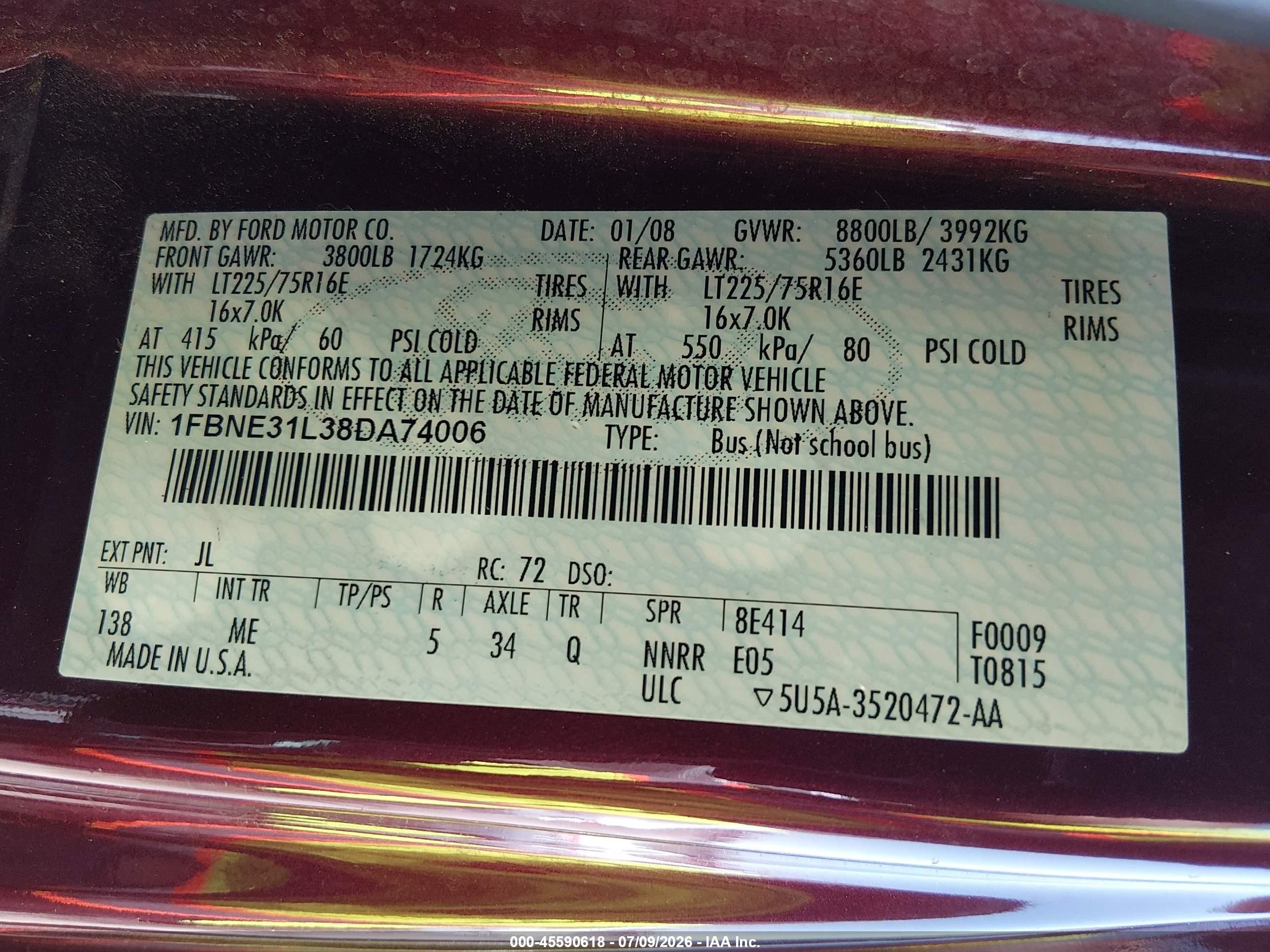 2008 Ford E-350 Super Duty Xl/xlt Maroon vin: 1FBNE31L38DA74006