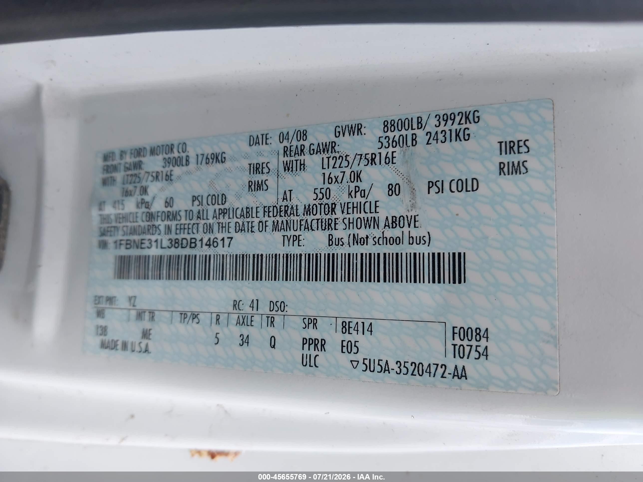 2008 Ford E-350 Super Duty Xl/xlt White vin: 1FBNE31L38DB14617