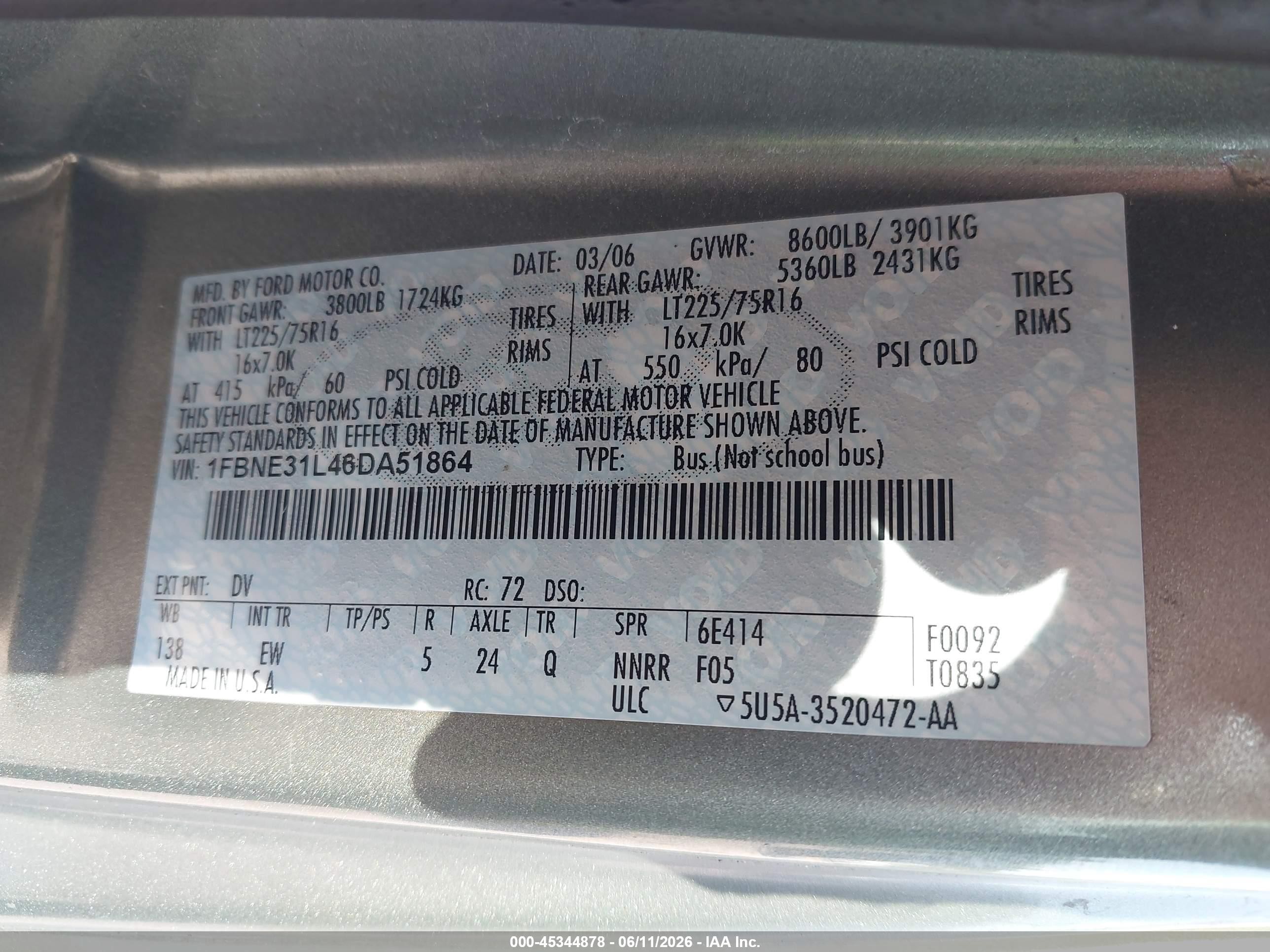 2006 Ford E-350 Super Duty Chateau/xl/xlt Gray vin: 1FBNE31L46DA51864