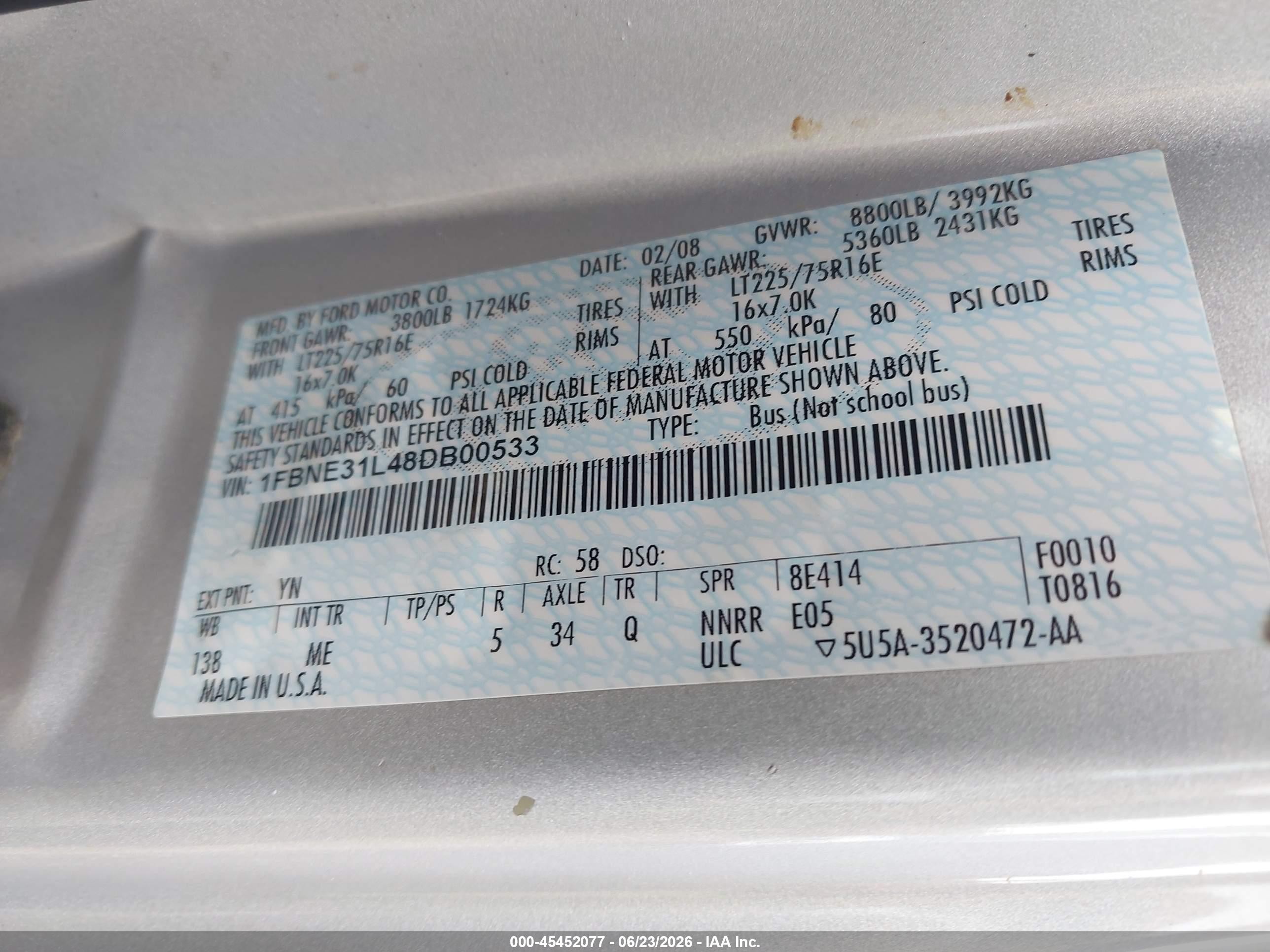 2008 Ford E-350 Super Duty Xl/xlt Silver vin: 1FBNE31L48DB00533