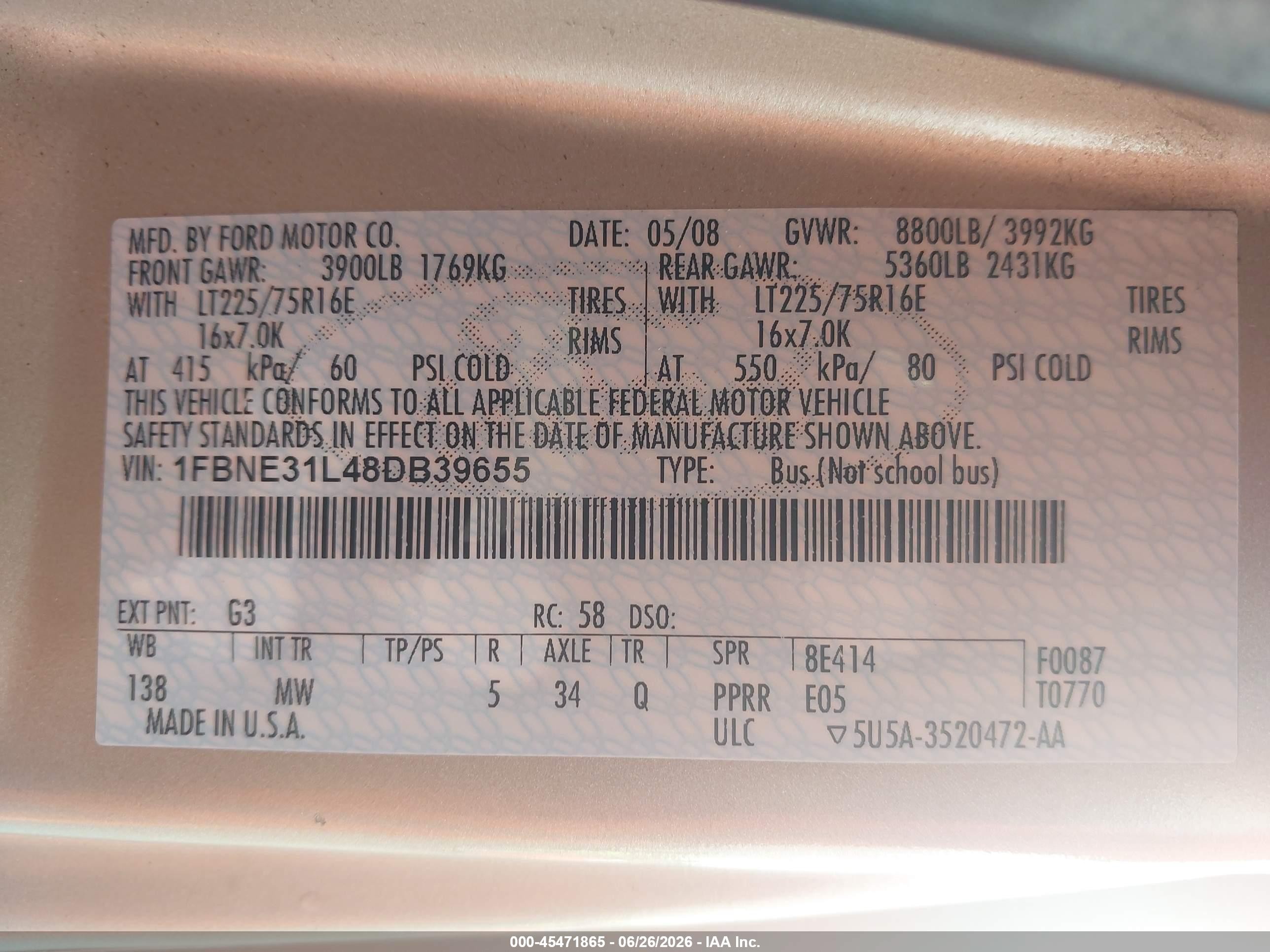 2008 Ford E-350 Super Duty Xl/xlt Tan vin: 1FBNE31L48DB39655