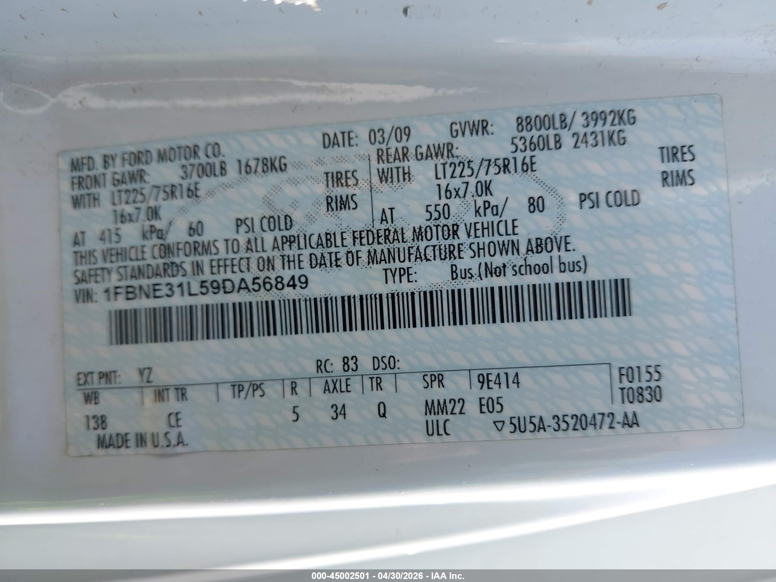 2009 Ford E-350 Super Duty Xl/xlt White vin: 1FBNE31L59DA56849