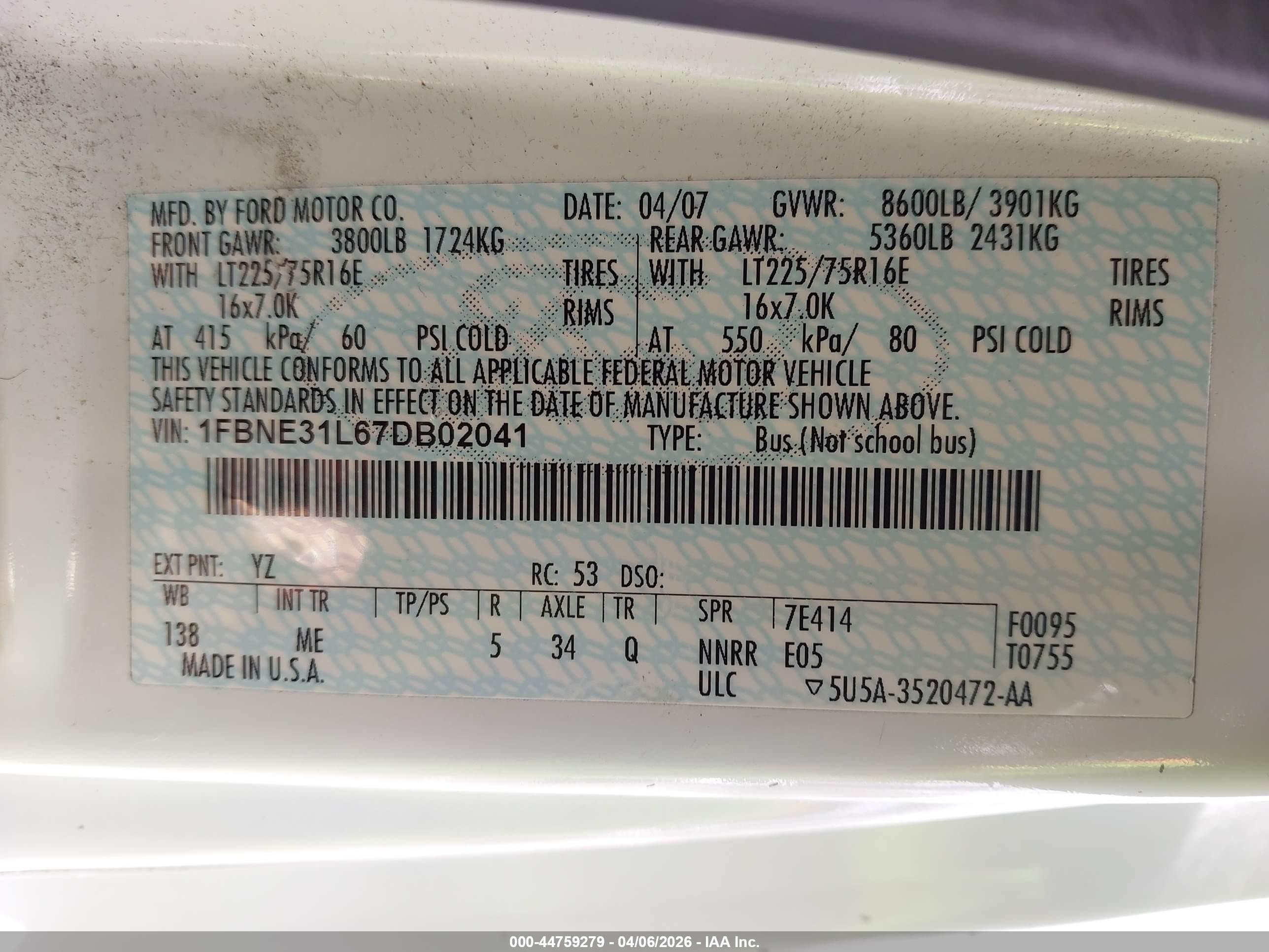 2007 Ford E-350 Super Duty Xl/xlt White vin: 1FBNE31L67DB02041