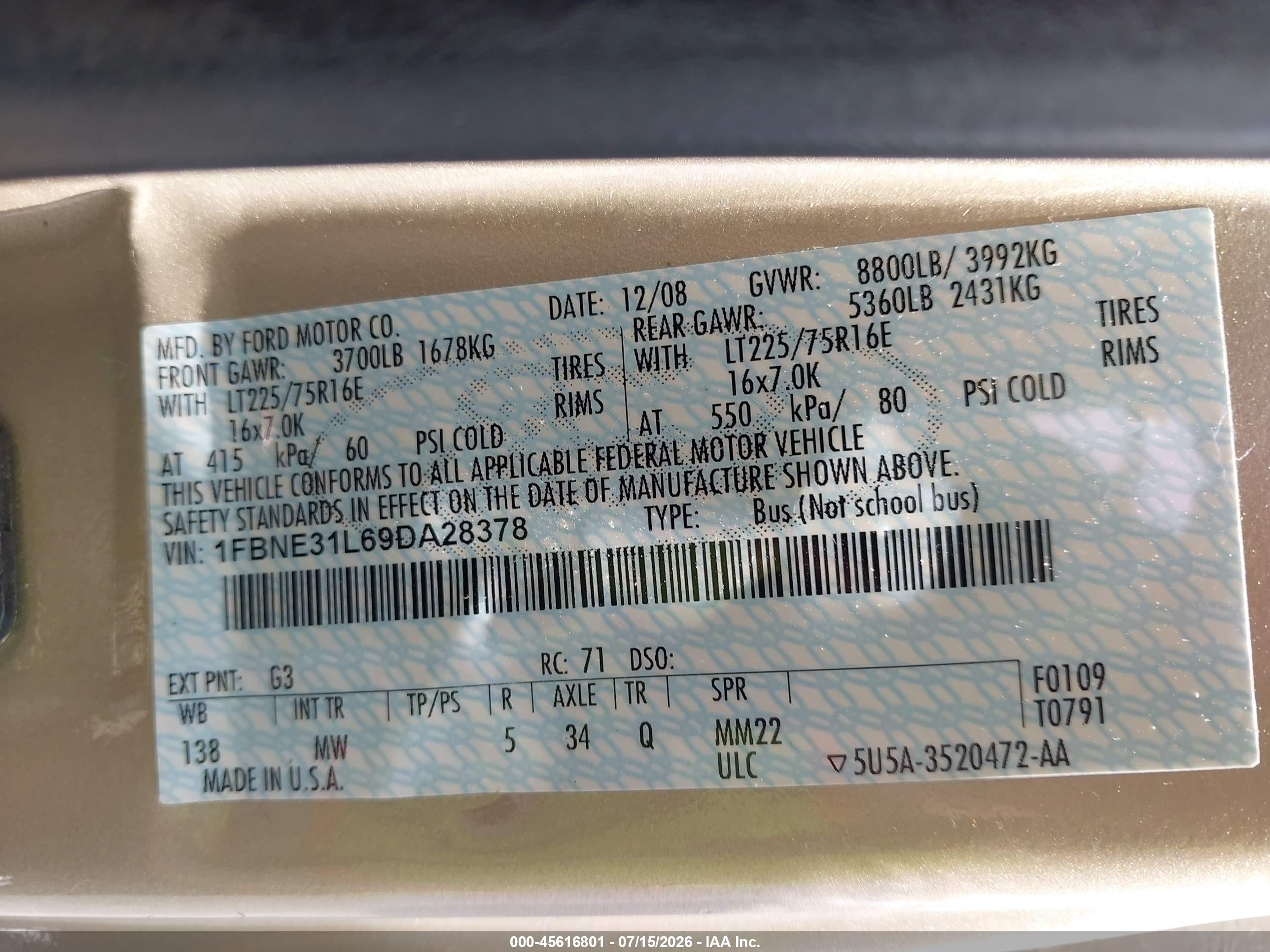 2009 Ford E-350 Super Duty Xl/xlt Tan vin: 1FBNE31L69DA28378