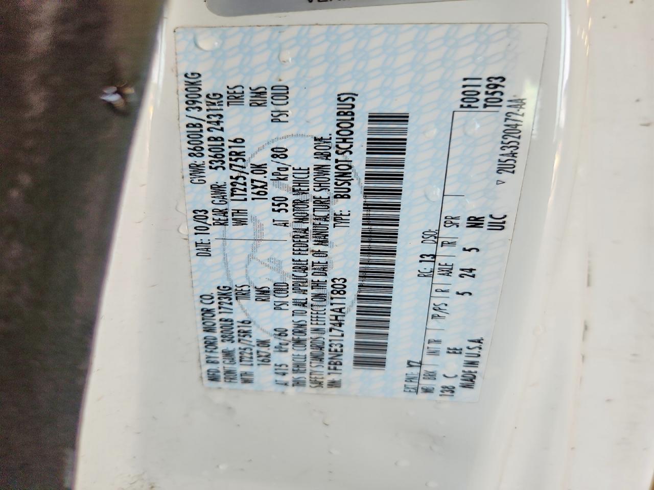 2004 Ford Econoline E350 Super Duty Wagon White vin: 1FBNE31L74HA11803