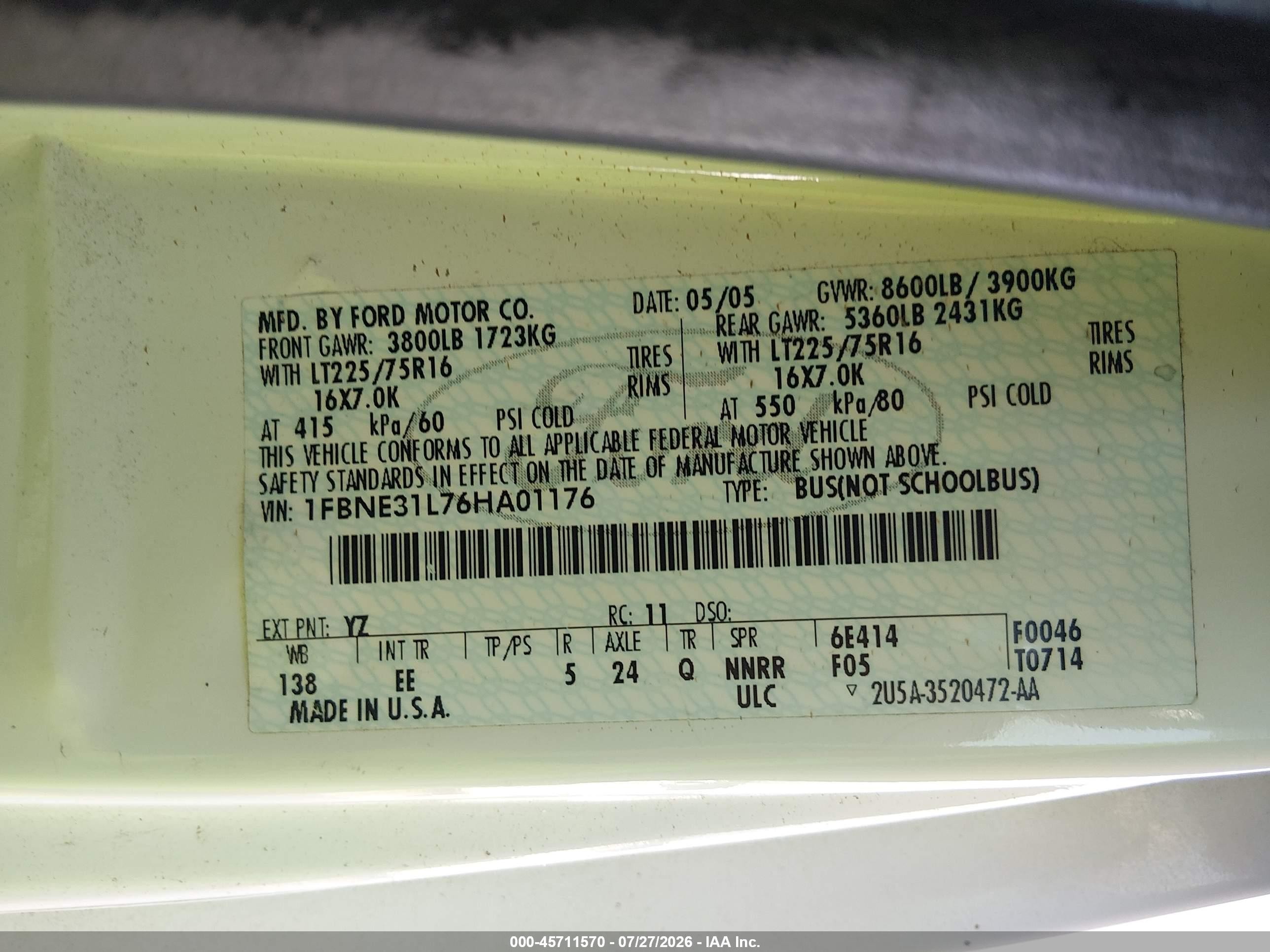 2006 Ford E-350 Super Duty Chateau/xl/xlt White vin: 1FBNE31L76HA01176