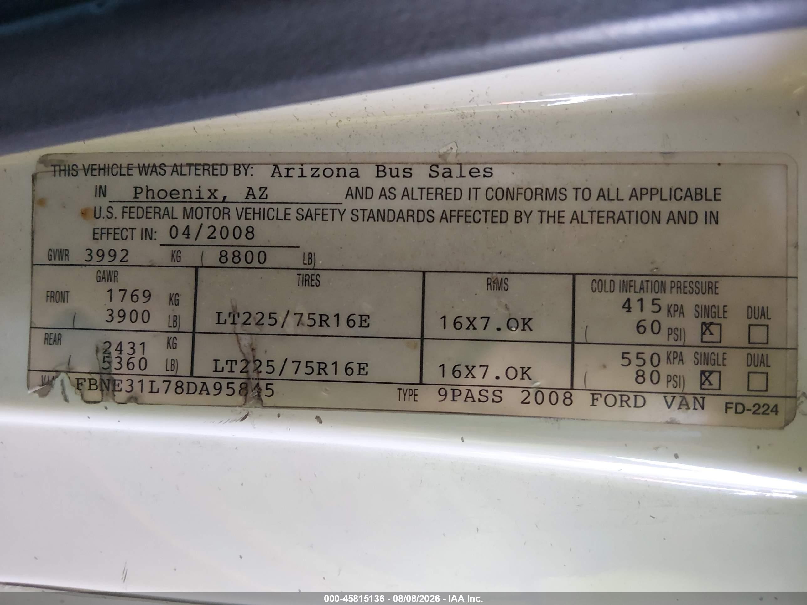 2008 Ford E-350 Super Duty Xl/xlt White vin: 1FBNE31L78DA95845