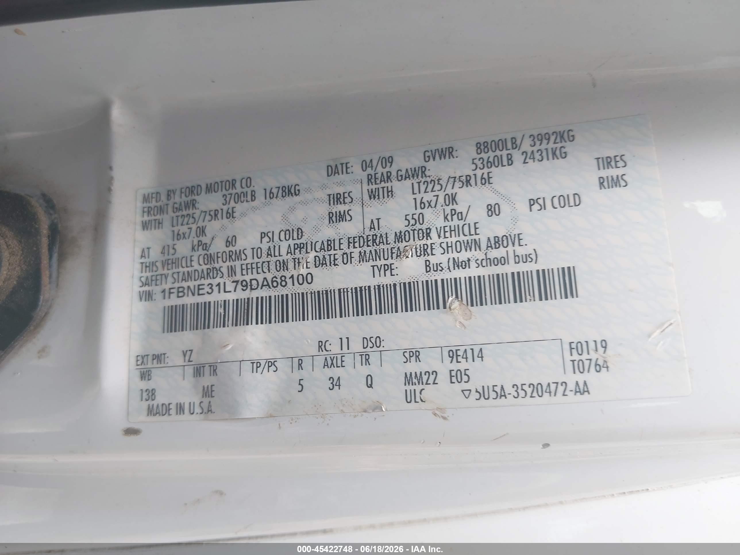 2009 Ford E-350 Super Duty Xl/xlt White vin: 1FBNE31L79DA68100