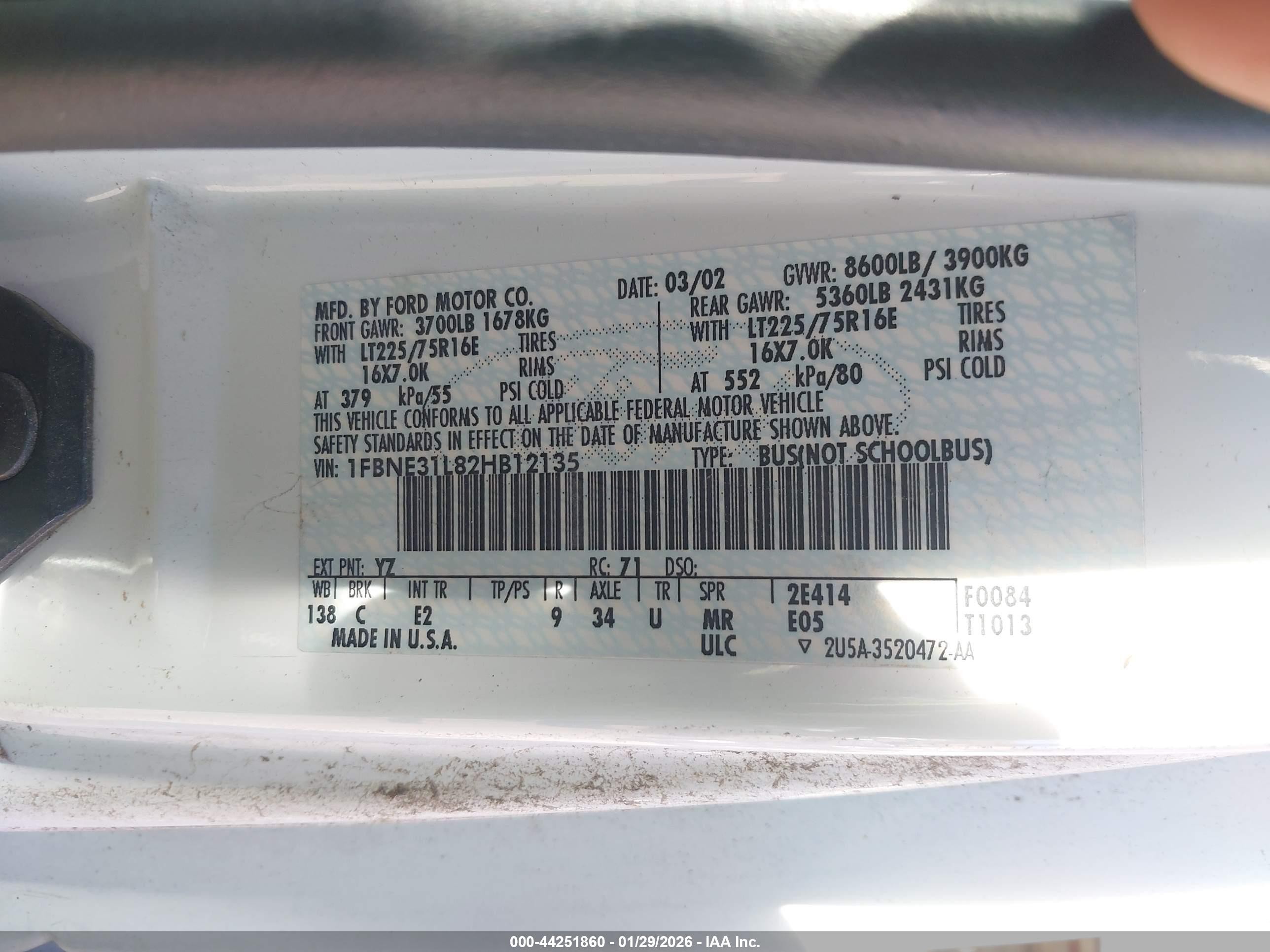 2002 Ford E-350 Super Duty Xl/xlt White vin: 1FBNE31L82HB12135