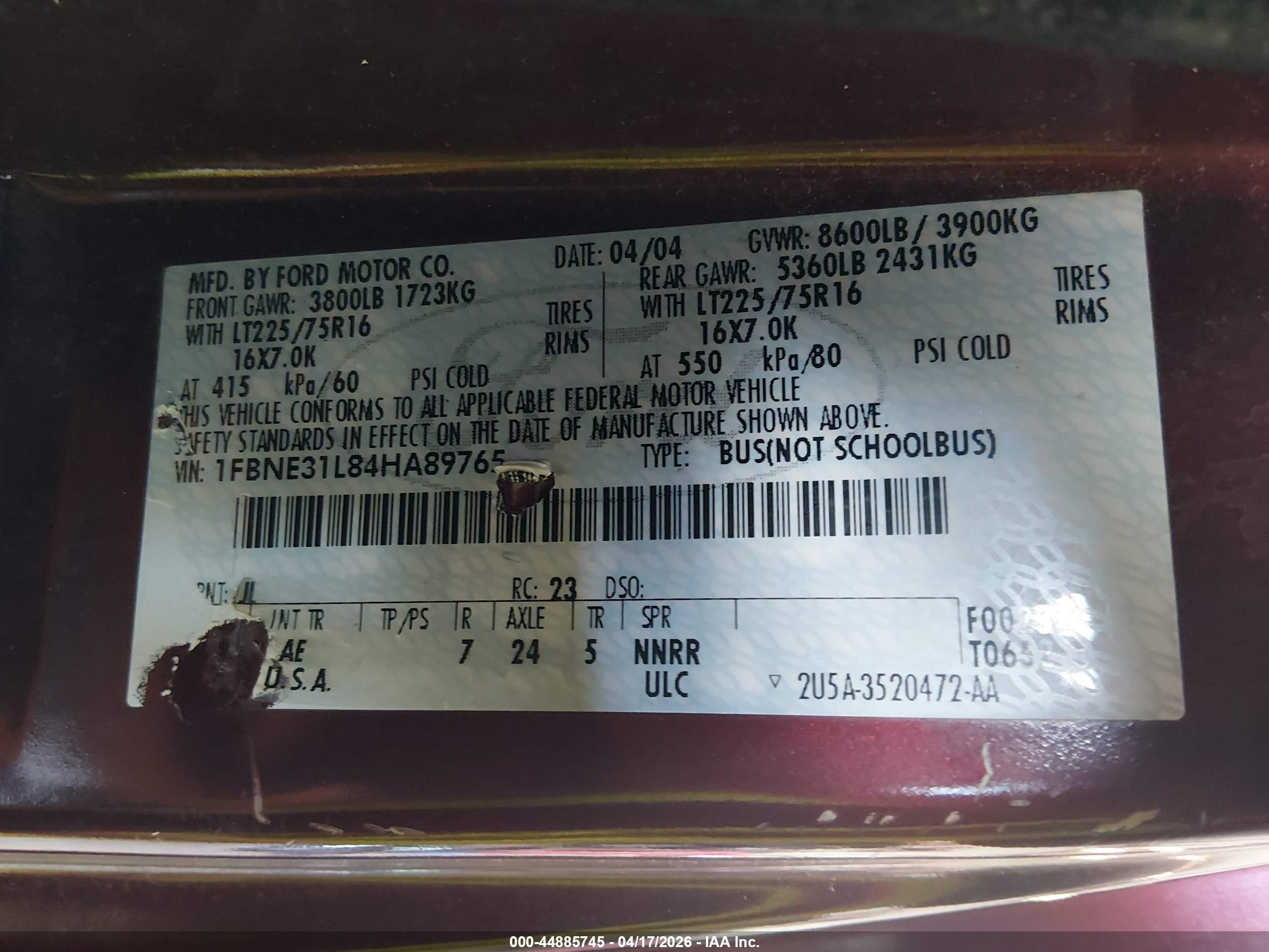 2004 Ford Econoline E350 Super Duty Wagon Burgundy vin: 1FBNE31L84HA89765