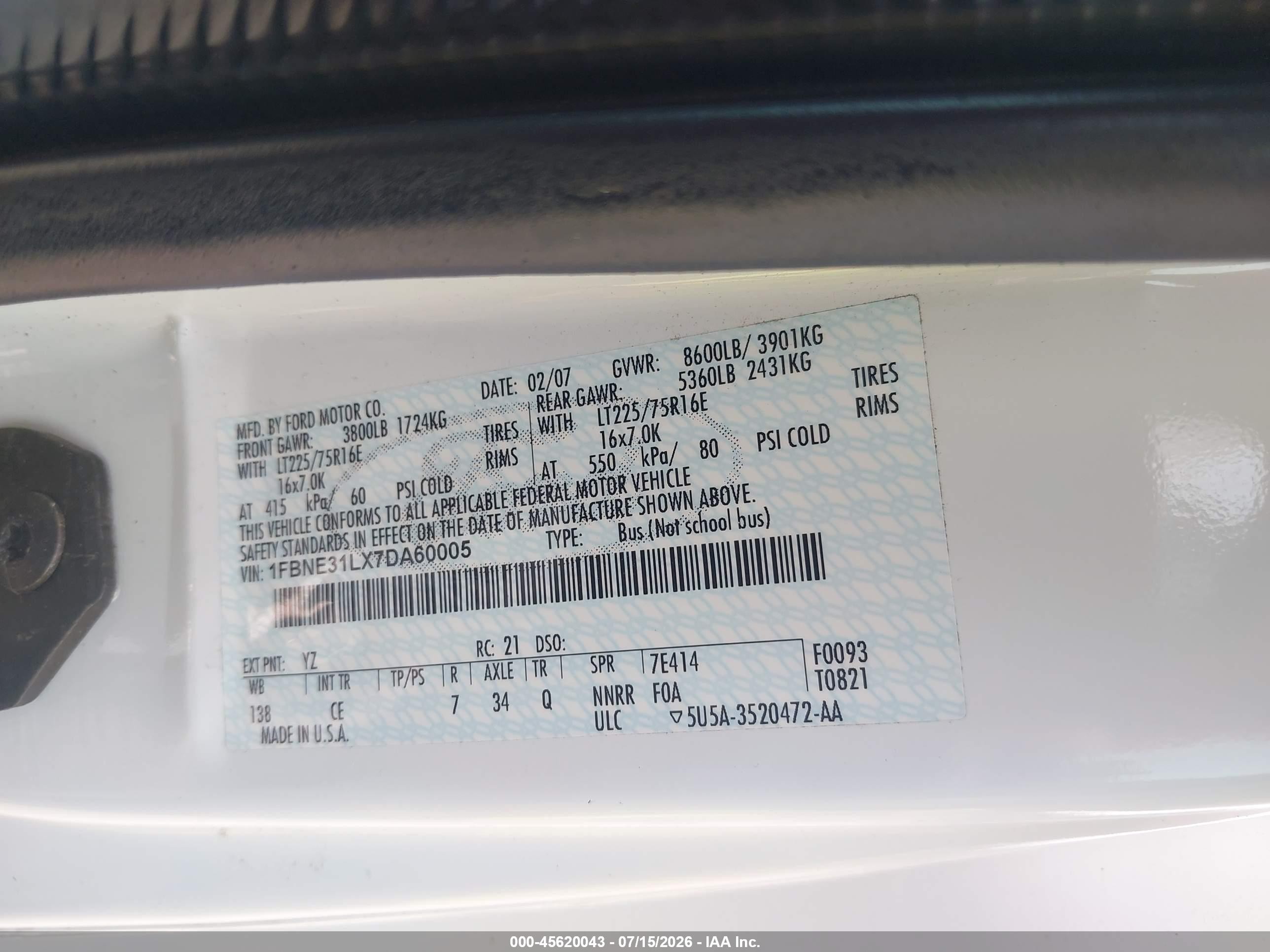2007 Ford E-350 Super Duty Xl/xlt White vin: 1FBNE31LX7DA60005