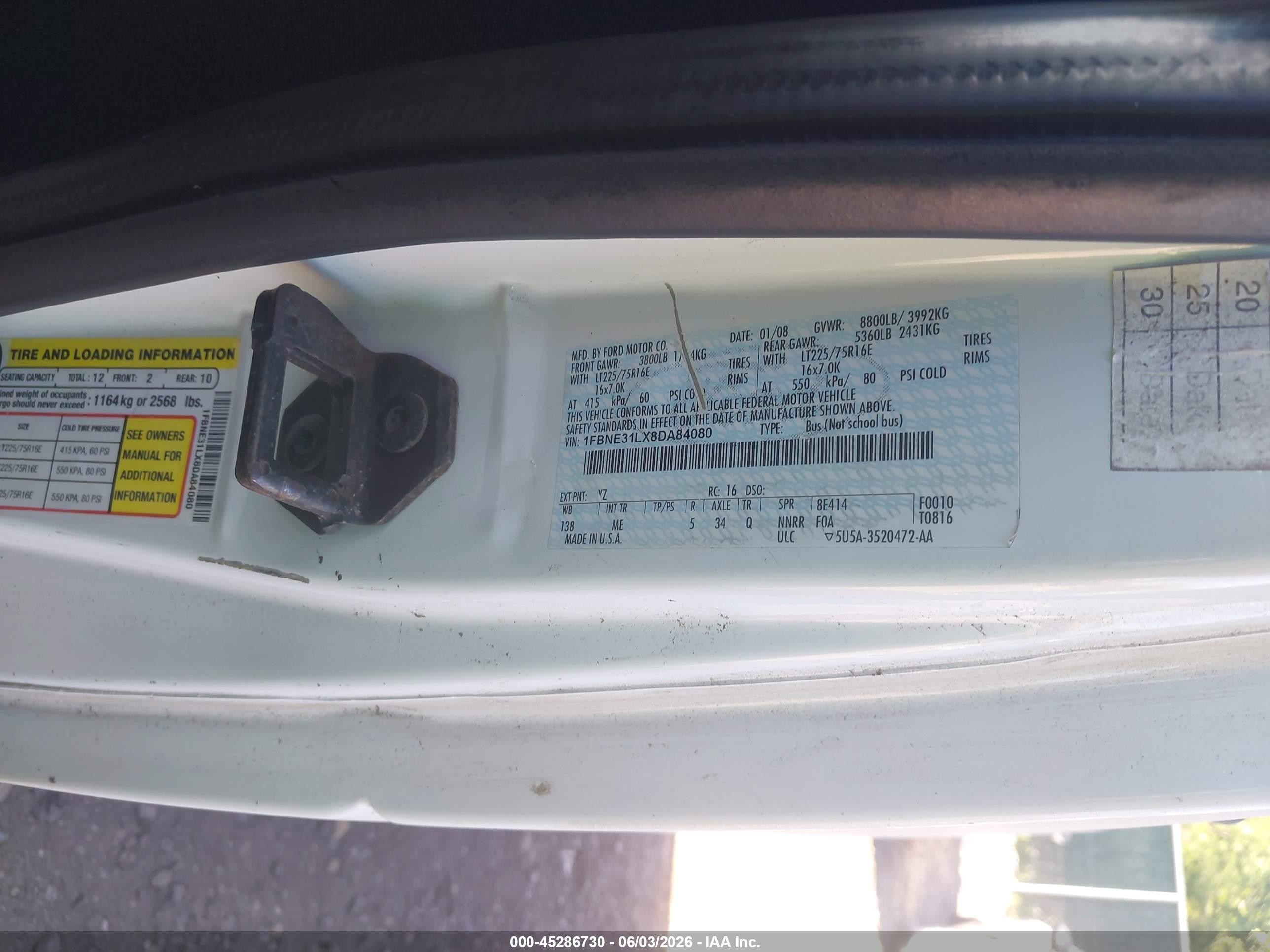 2008 Ford E-350 Super Duty Xl/xlt White vin: 1FBNE31LX8DA84080