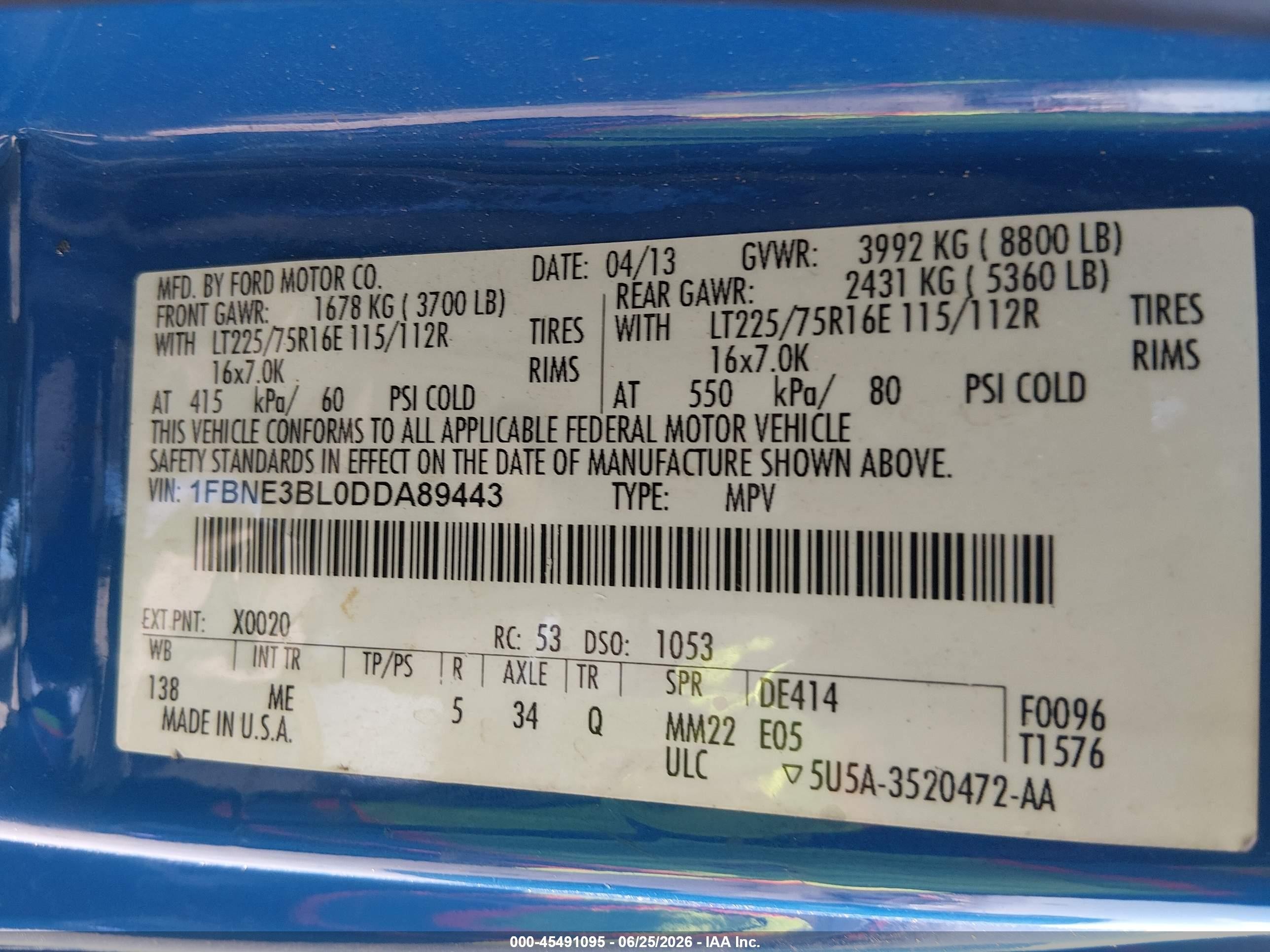 2013 Ford E-350 Super Duty Xl/xlt Blue vin: 1FBNE3BL0DDA89443