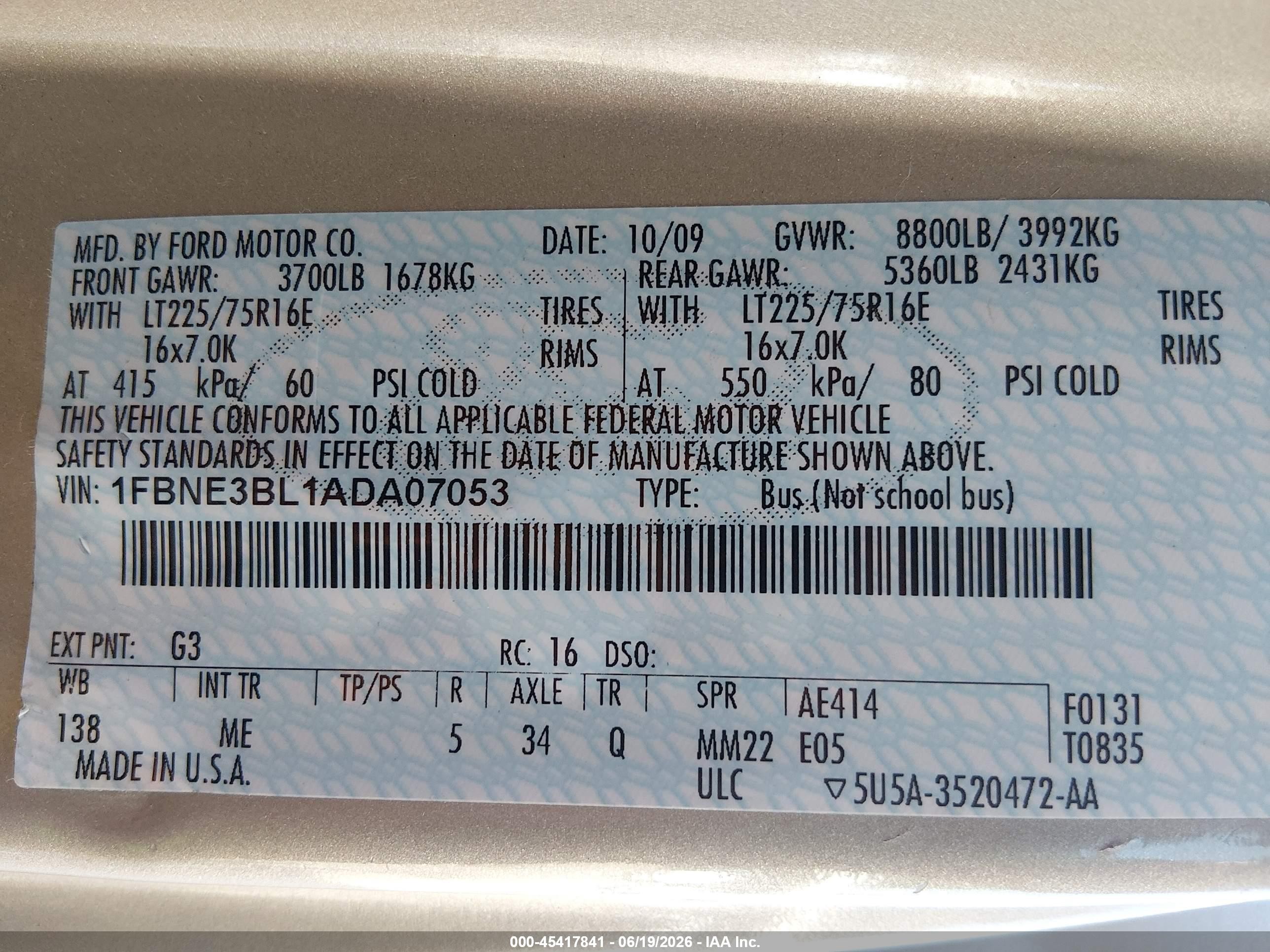 2010 Ford E-350 Super Duty Xl/xlt Beige vin: 1FBNE3BL1ADA07053