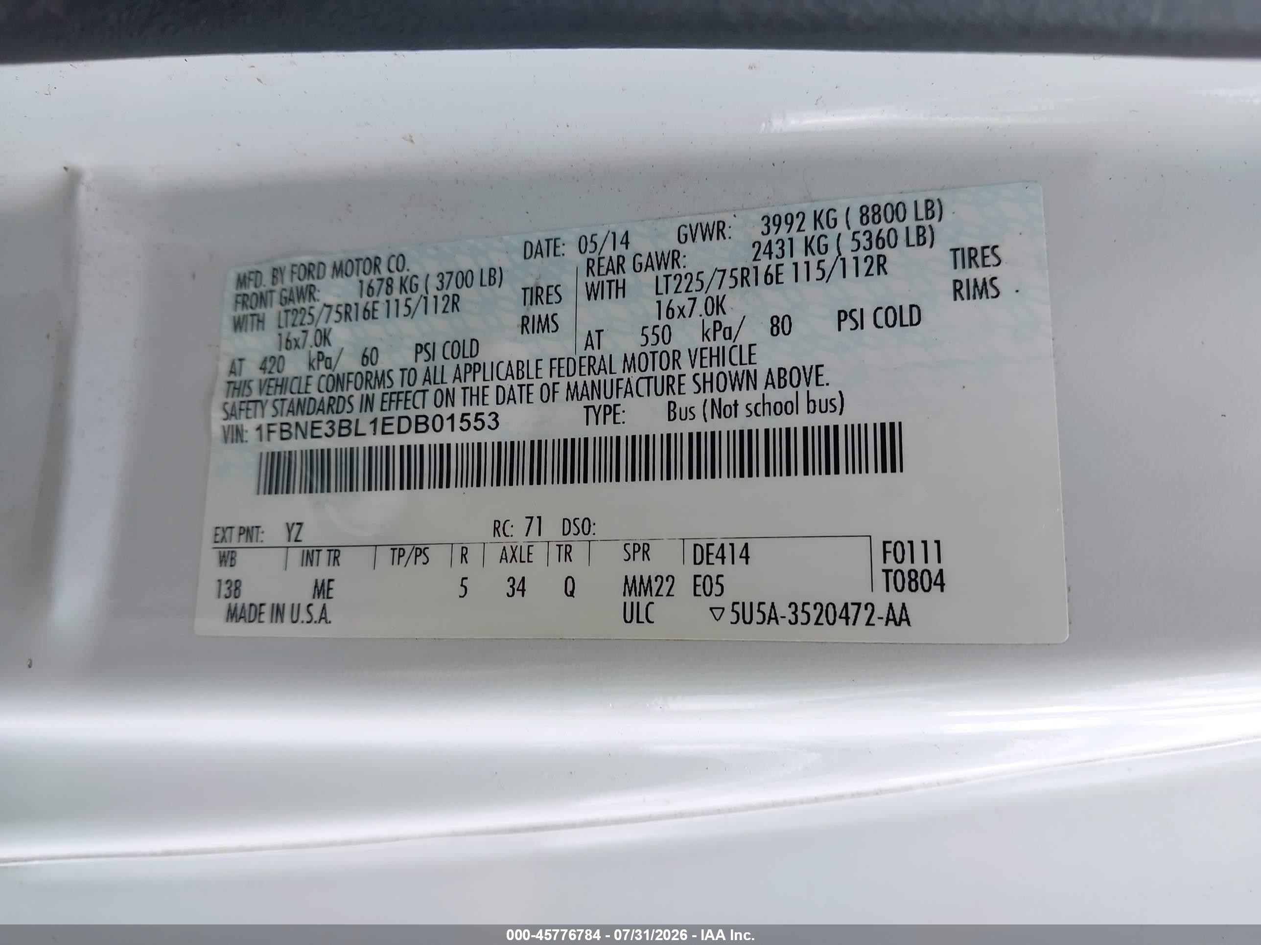 2014 Ford E-350 Super Duty Xlt White vin: 1FBNE3BL1EDB01553