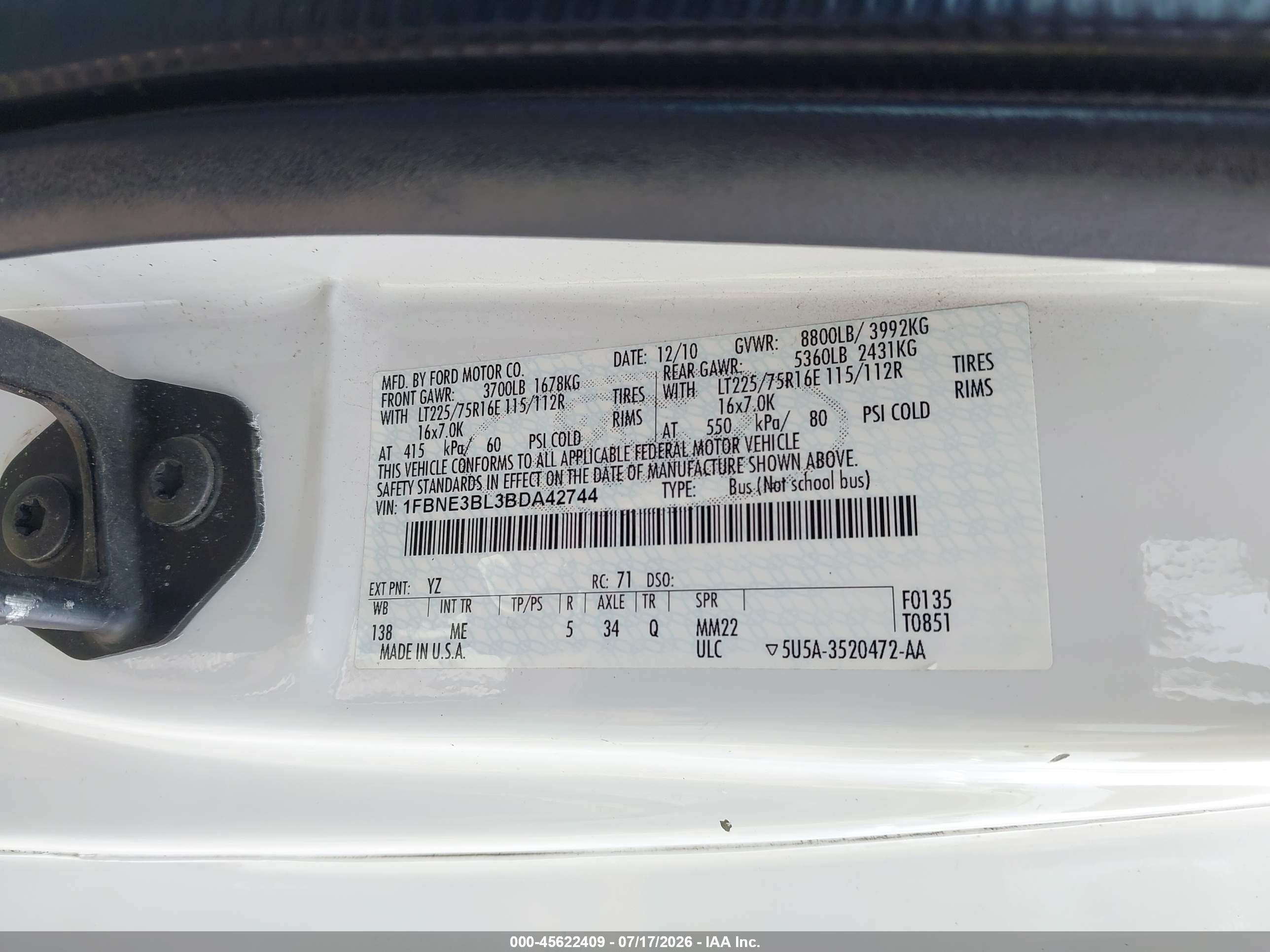 2011 Ford E-350 Super Duty Xlt White vin: 1FBNE3BL3BDA42744