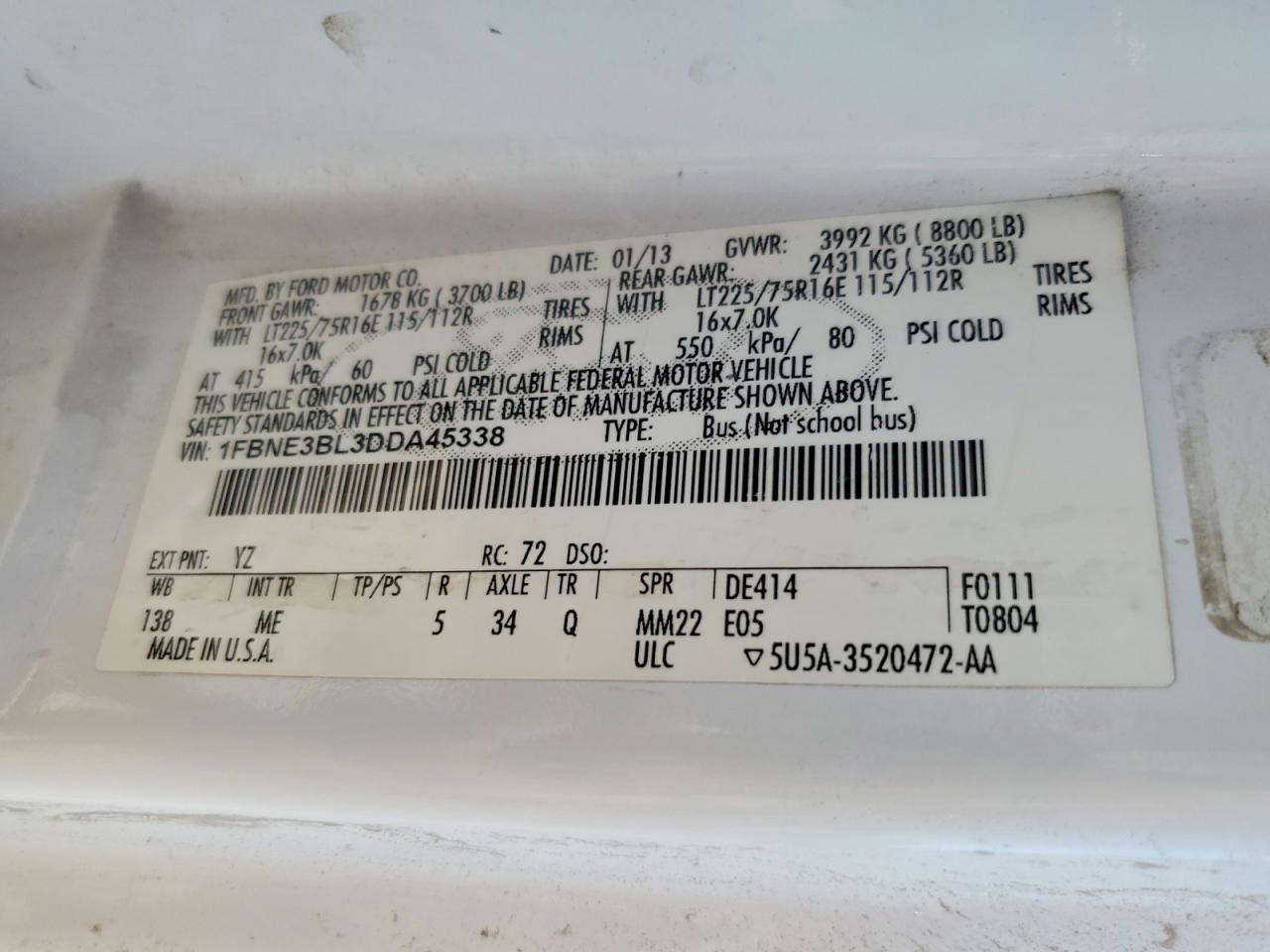 2013 Ford Econoline E350 Super Duty Wagon White vin: 1FBNE3BL3DDA45338