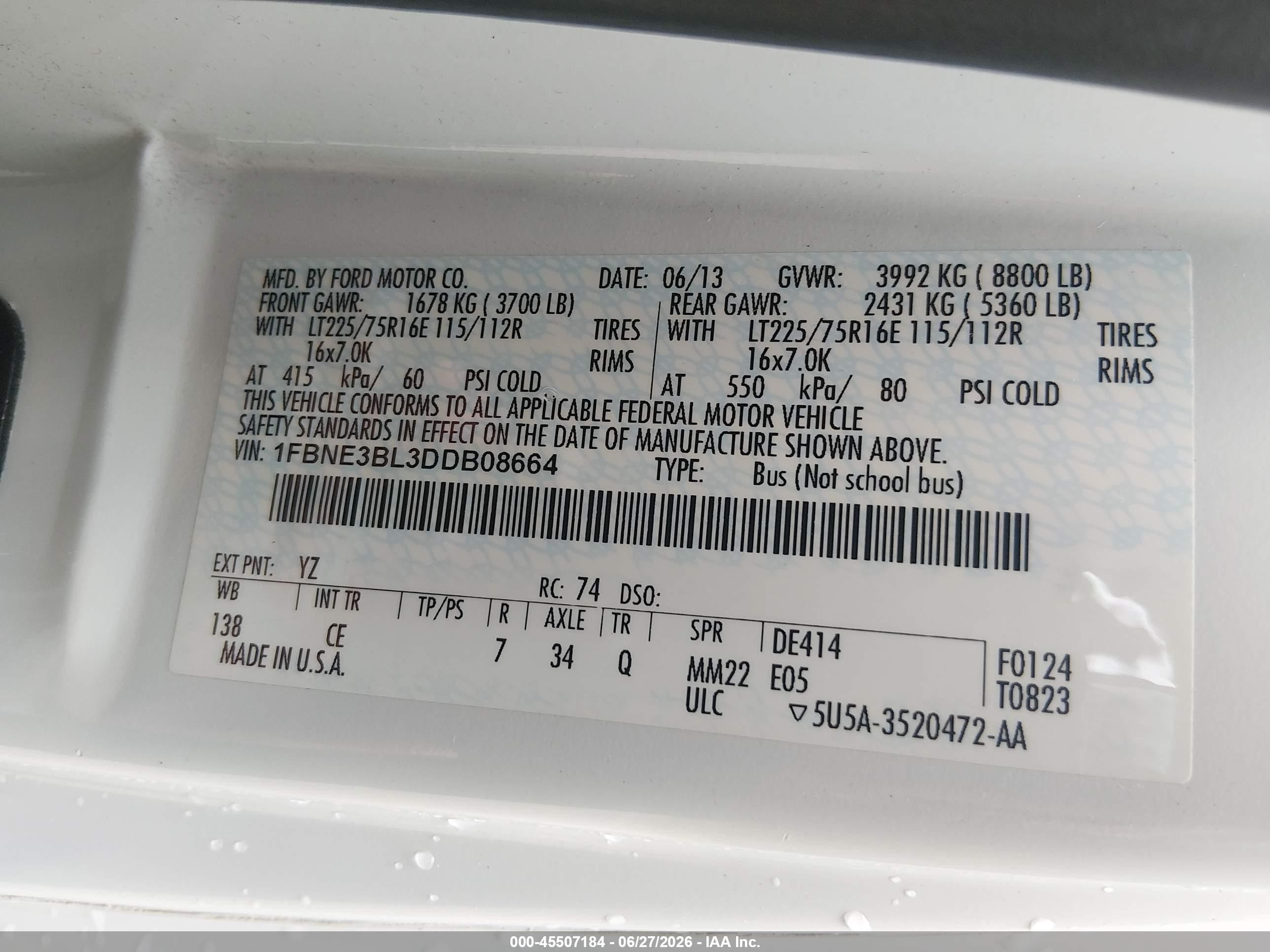 2013 Ford E-350 Super Duty Xl White vin: 1FBNE3BL3DDB08664