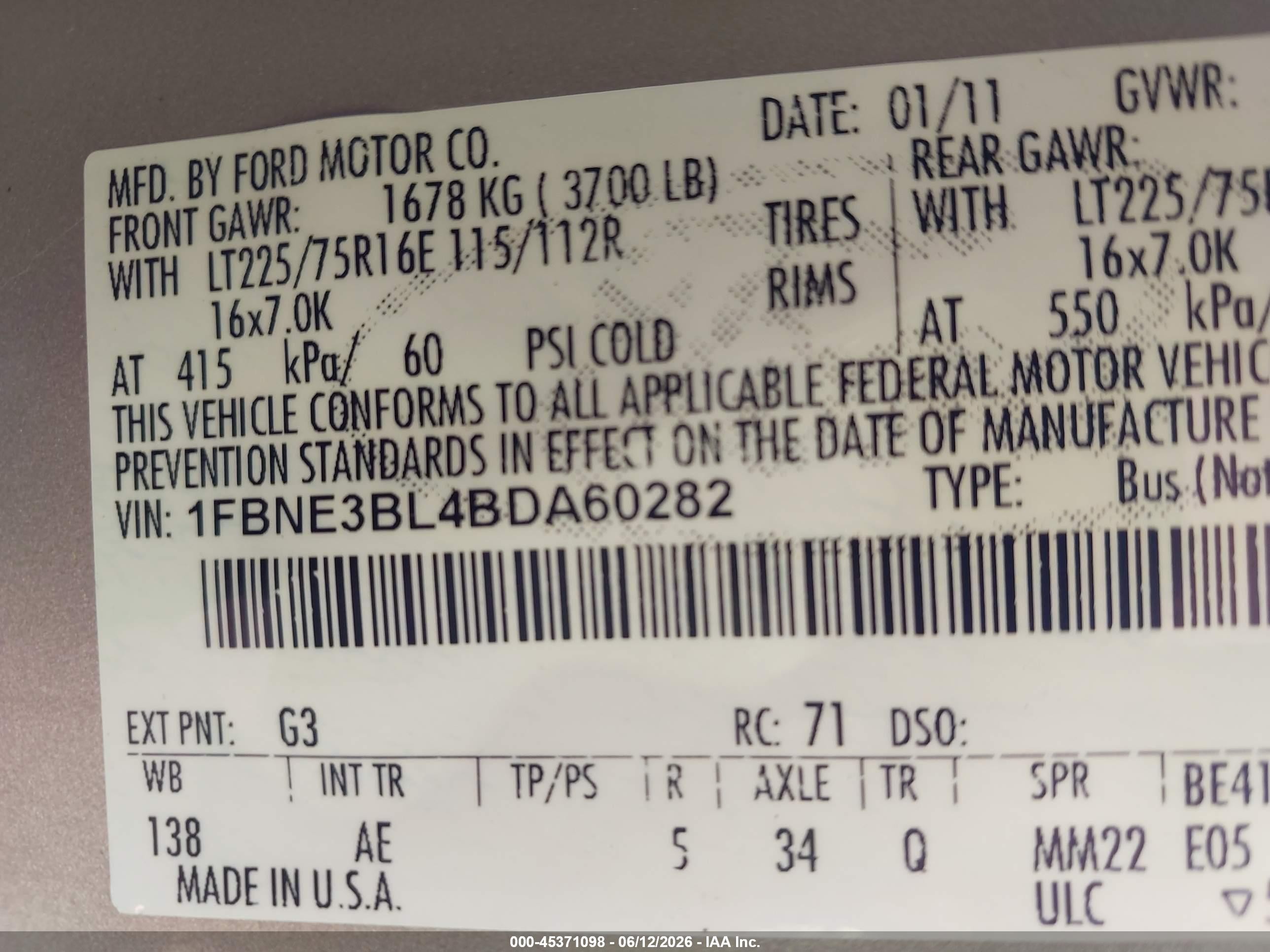 2011 Ford E-350 Super Duty Xl Beige vin: 1FBNE3BL4BDA60282