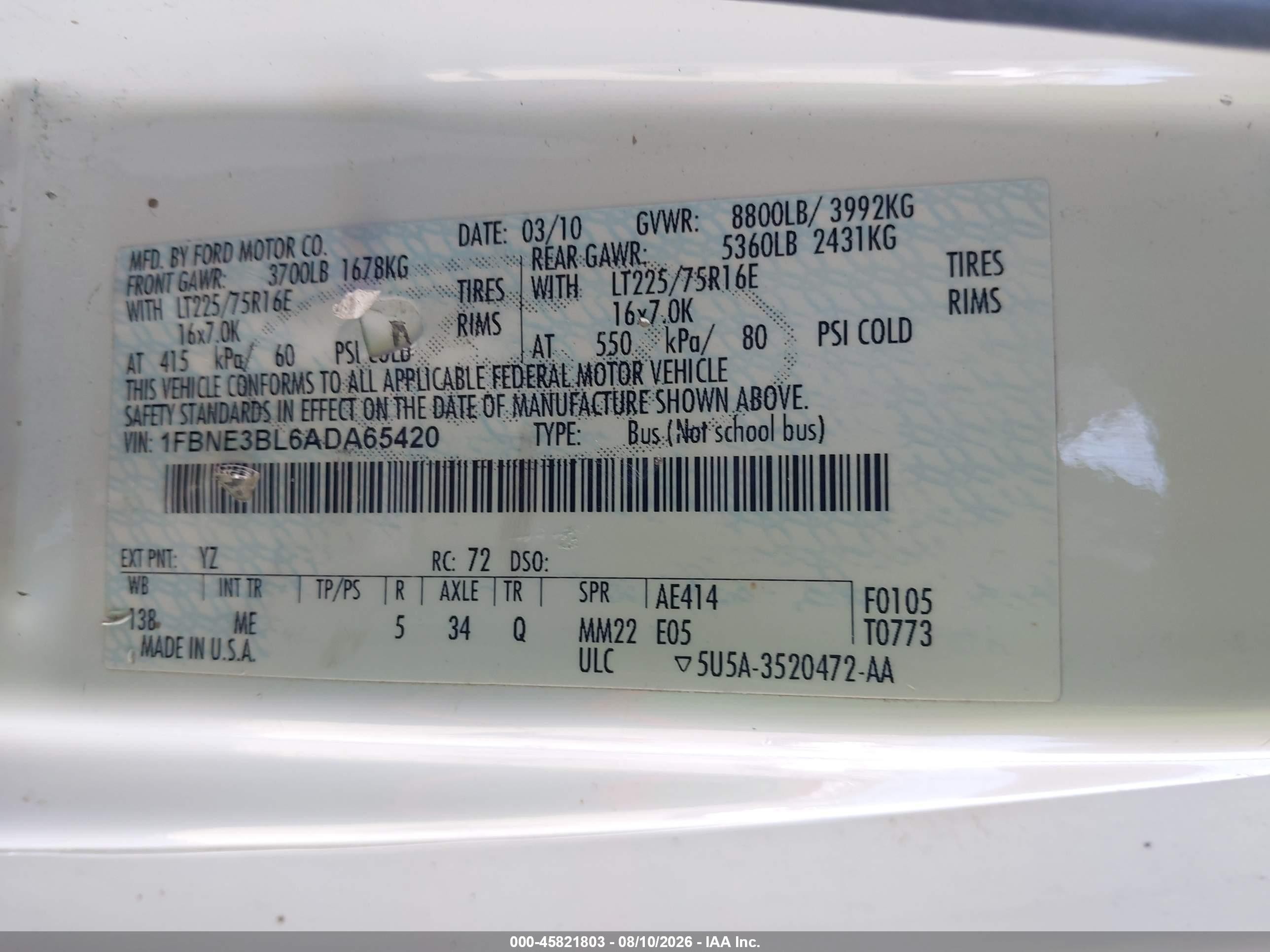 2010 Ford E-350 Super Duty Xlt White vin: 1FBNE3BL6ADA65420