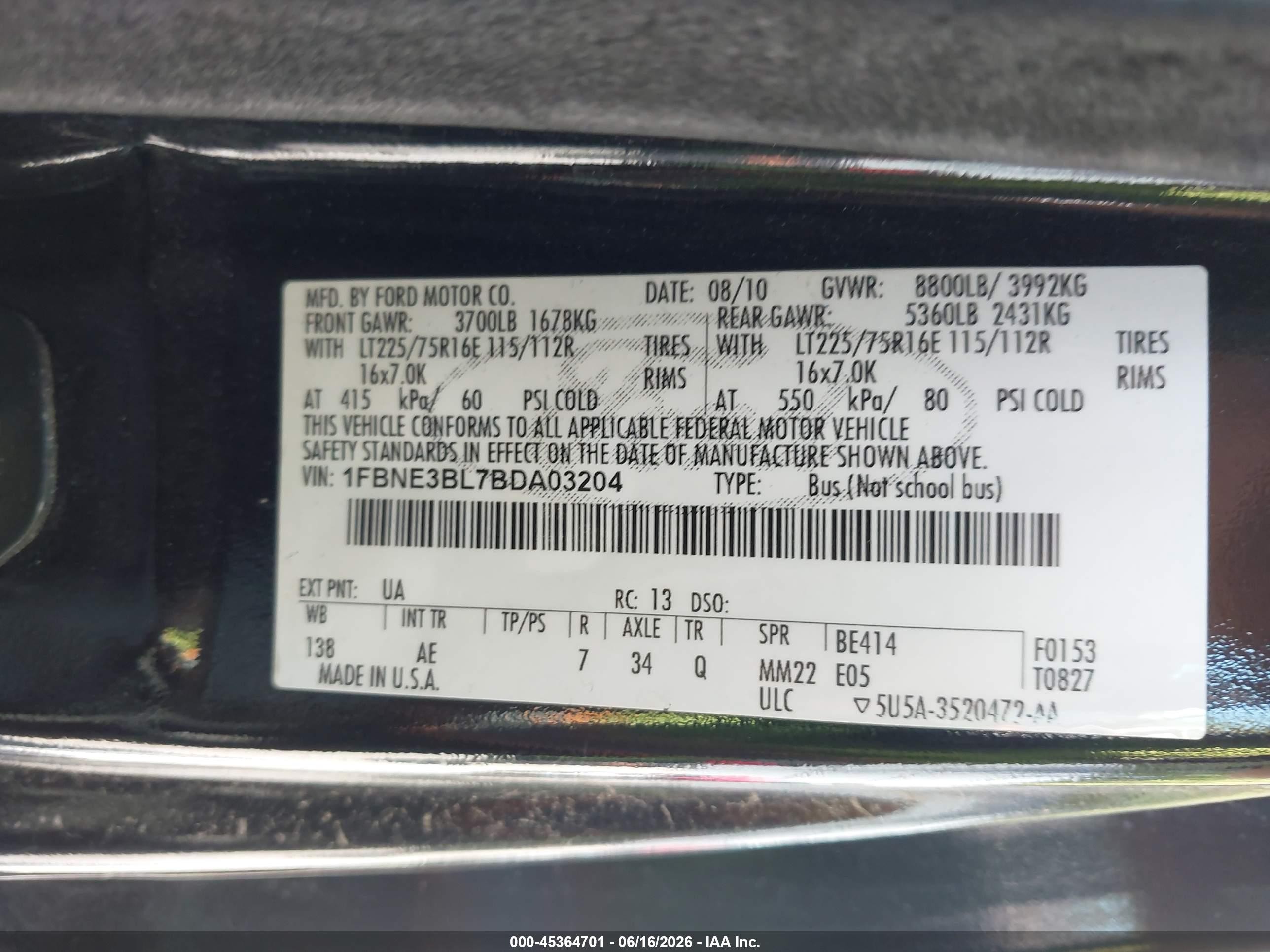 2011 Ford E-350 Super Duty Xl Black vin: 1FBNE3BL7BDA03204