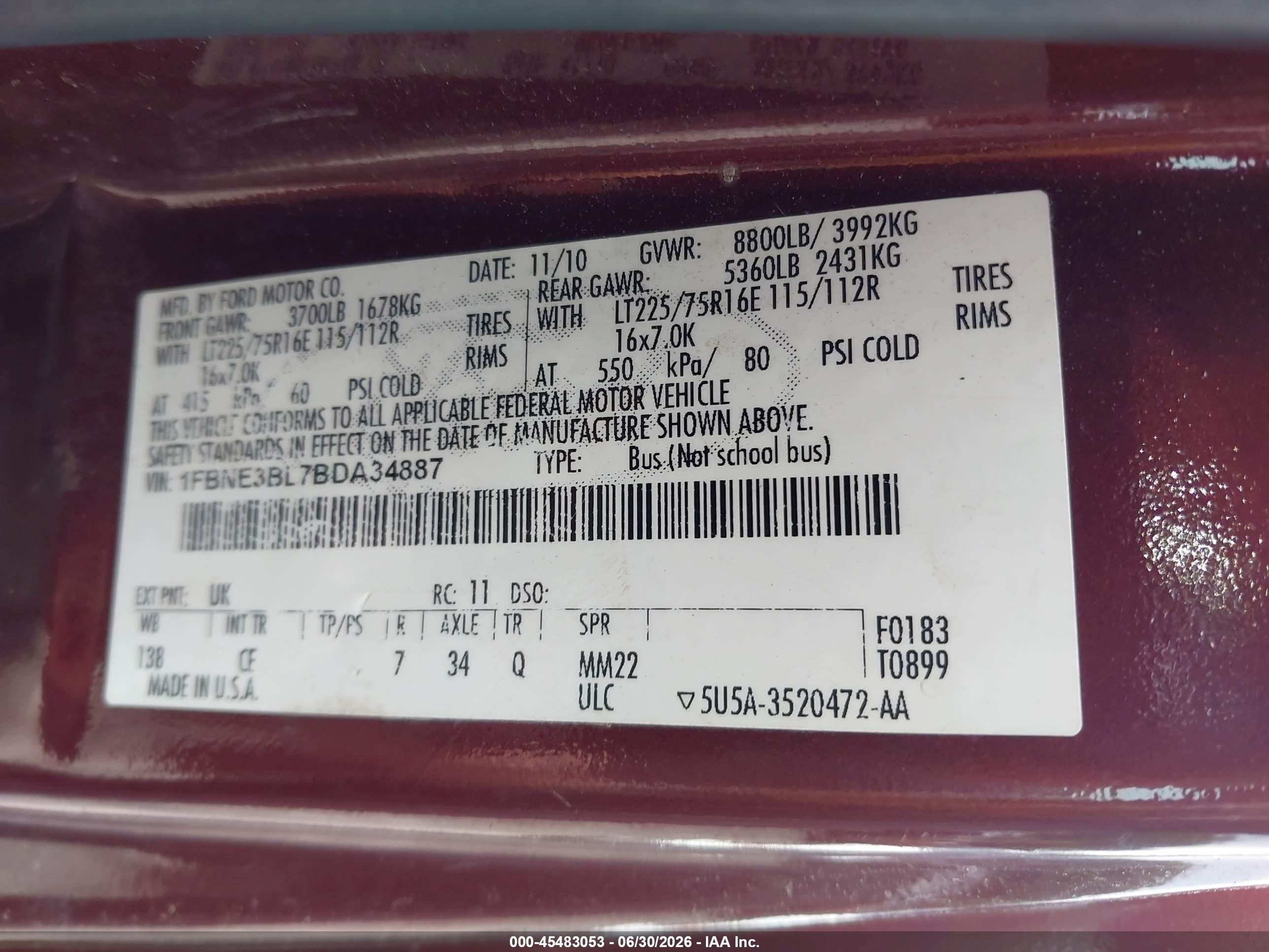 2011 Ford E-350 Super Duty Xl Burgundy vin: 1FBNE3BL7BDA34887