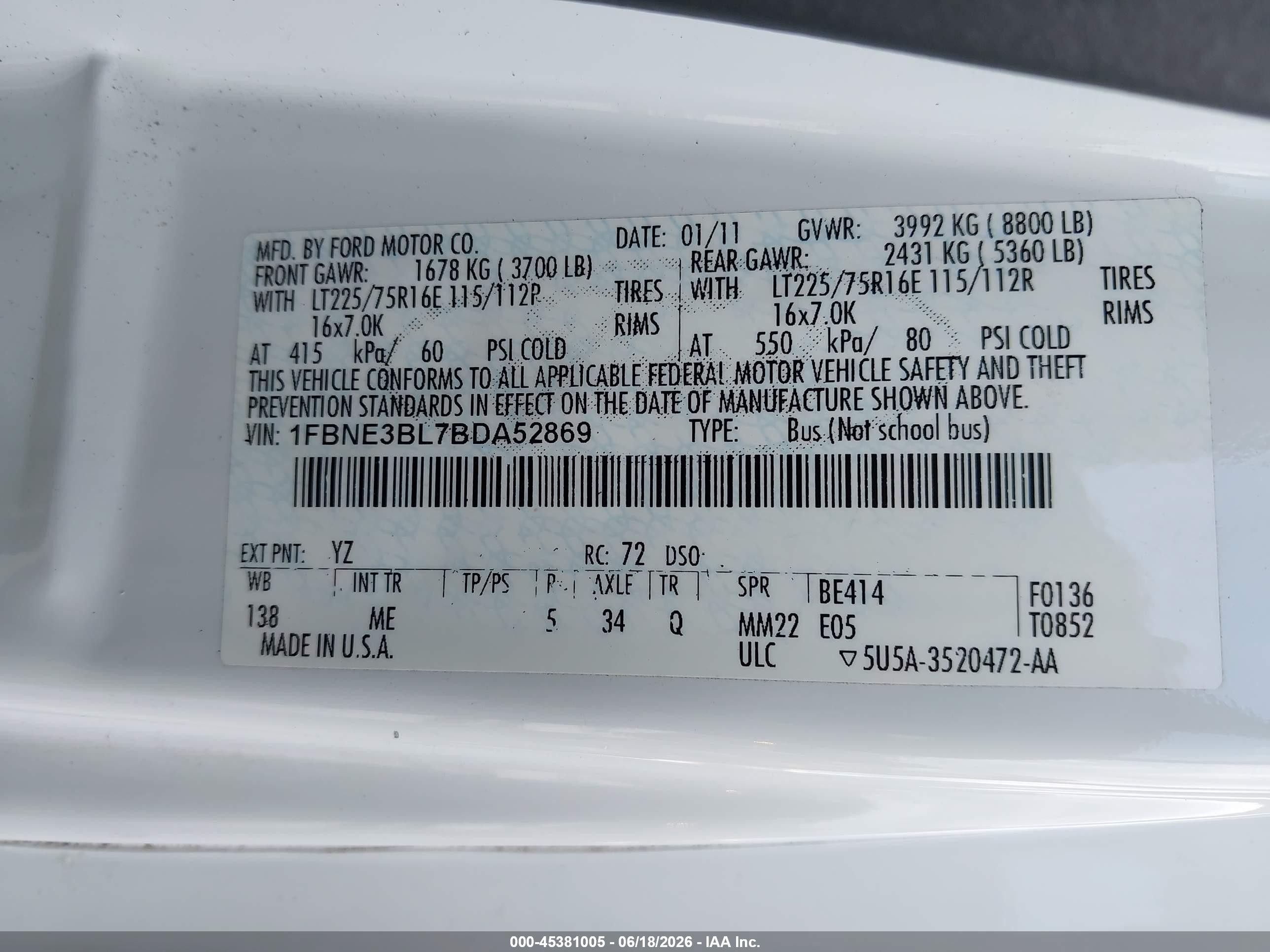 2011 Ford E-350 Super Duty Xlt White vin: 1FBNE3BL7BDA52869