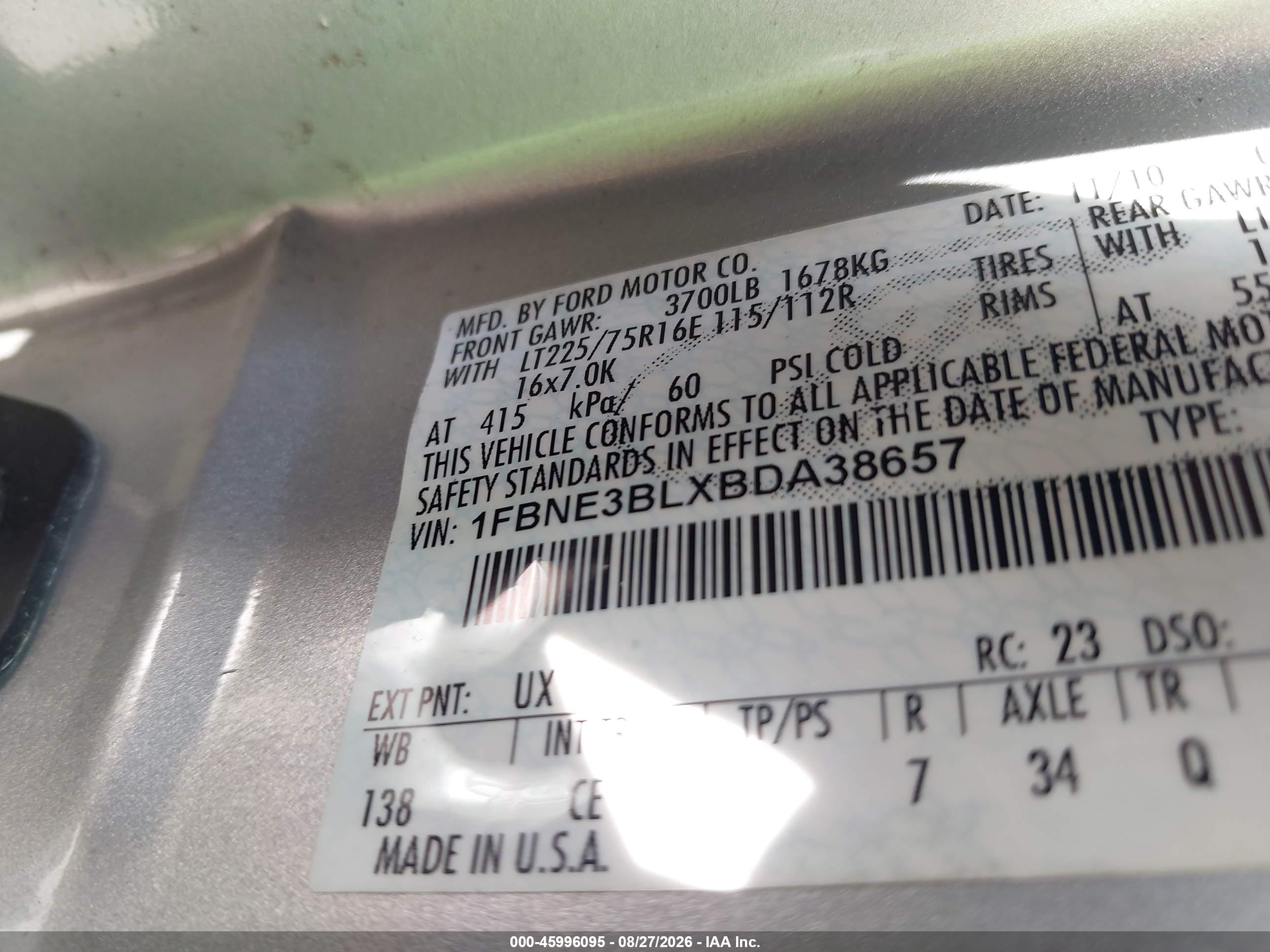 2011 Ford E-350 Super Duty Xl Gray vin: 1FBNE3BLXBDA38657