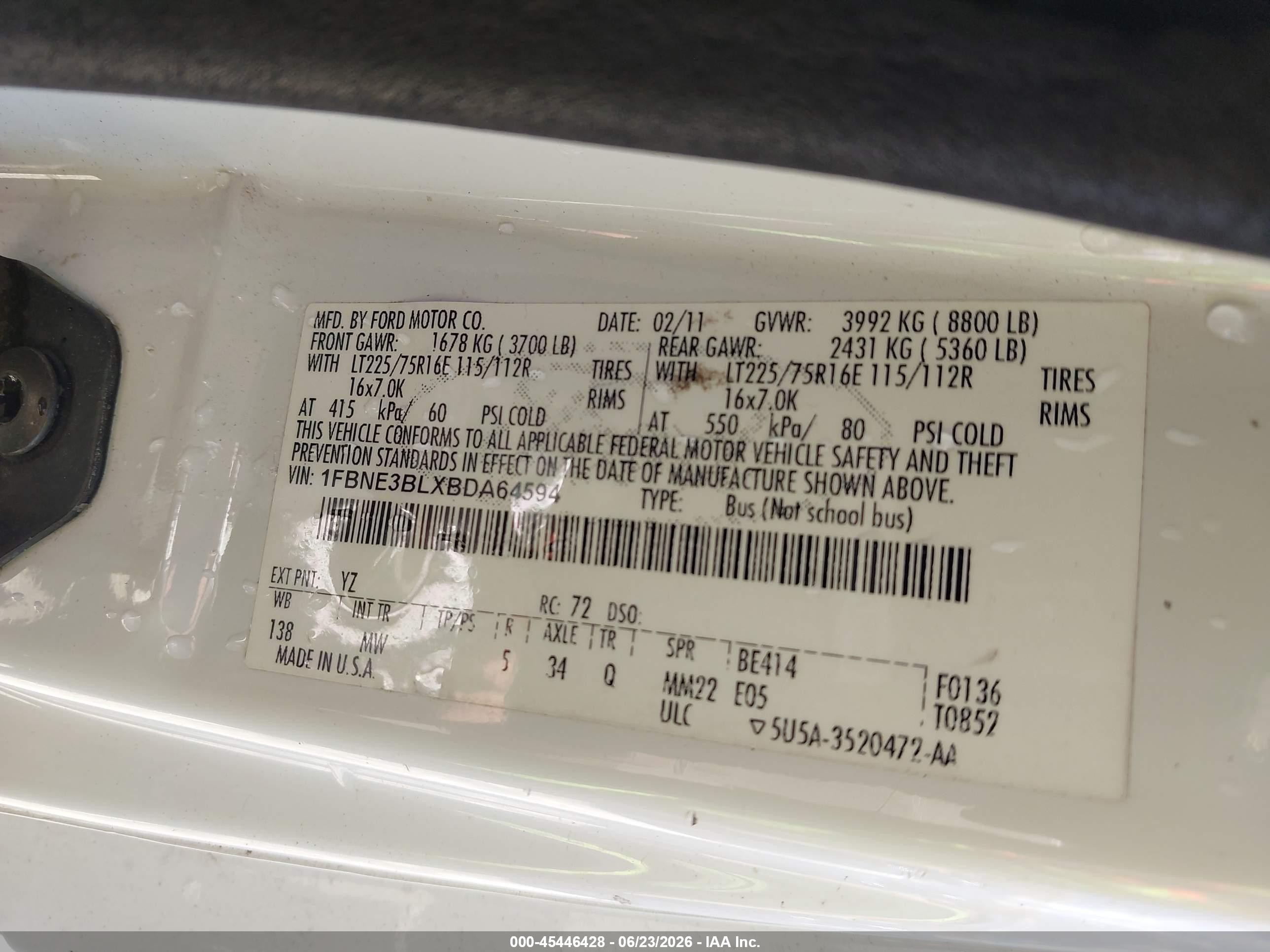 2011 Ford E-350 Super Duty Xl/xlt White vin: 1FBNE3BLXBDA64594