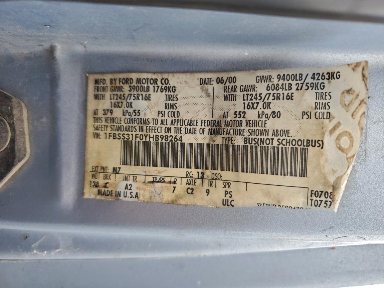 1997 Ford Econoline E350 Super Duty Wagon Blue vin: 1FBSS31F0YHB98264