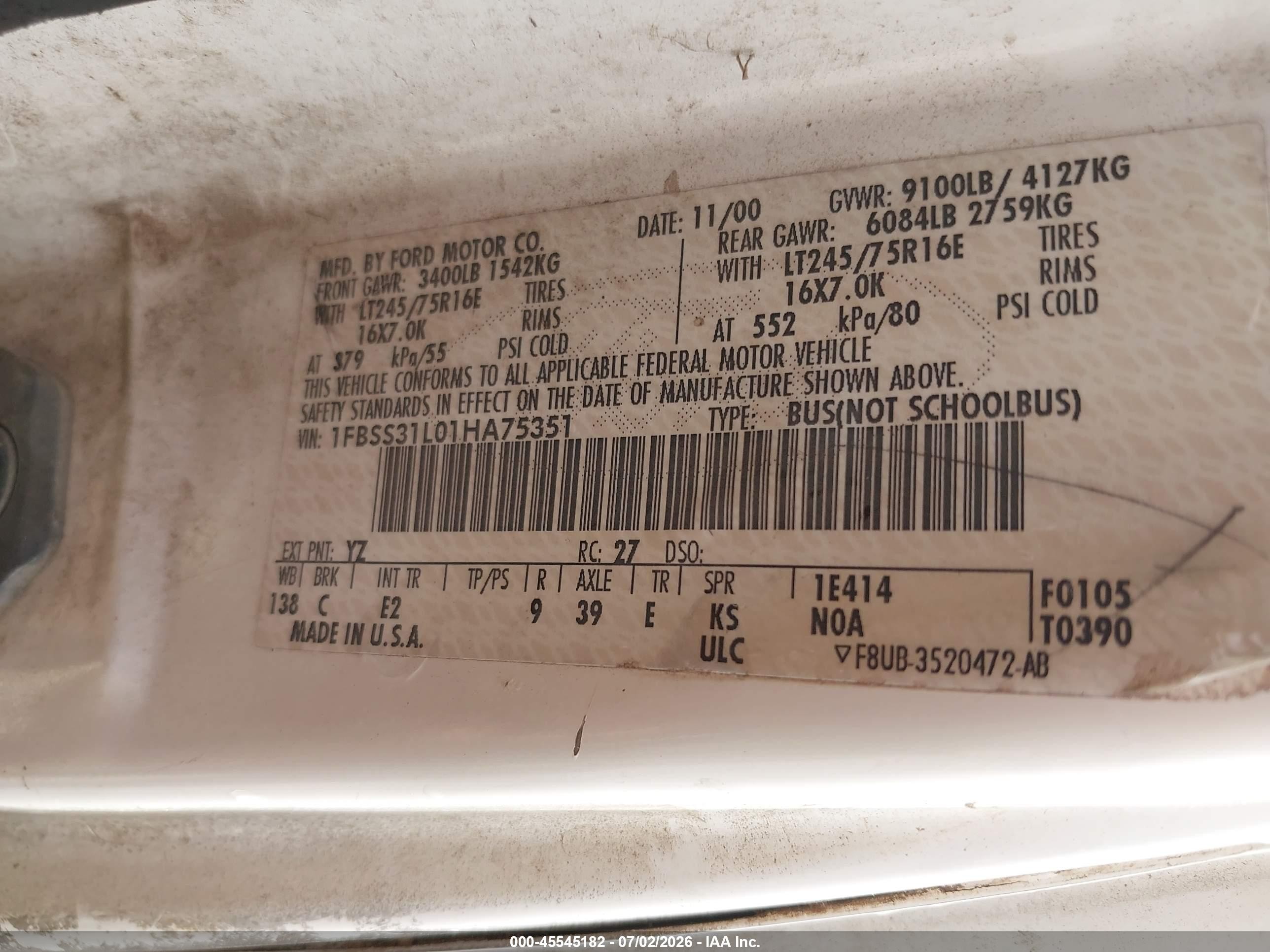2001 Ford E-350 Super Duty Xl/xlt White vin: 1FBSS31L01HA75351