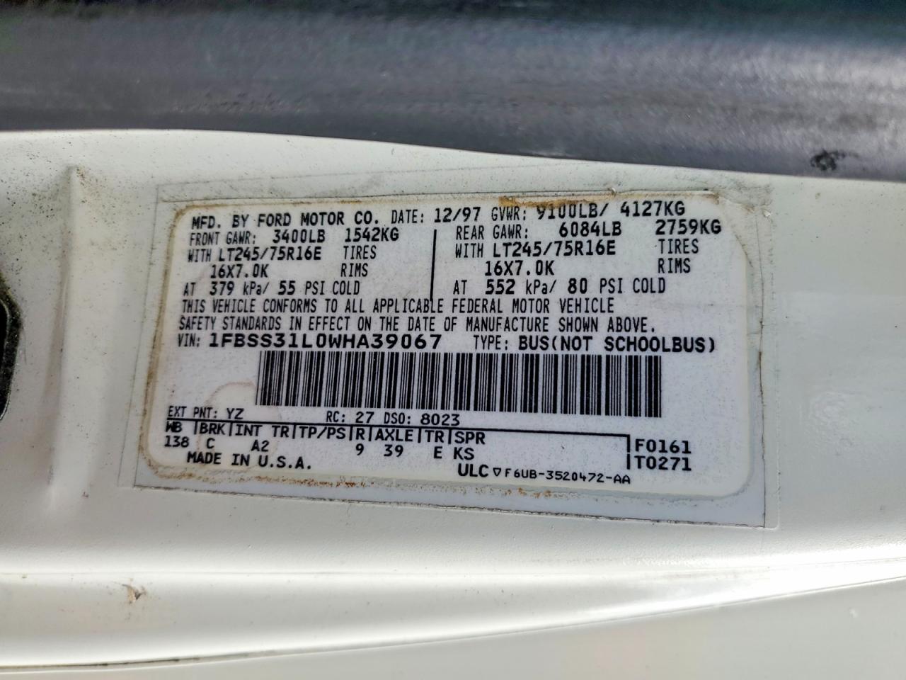 1998 Ford Econoline E350 Super Duty White vin: 1FBSS31L0WHA39067
