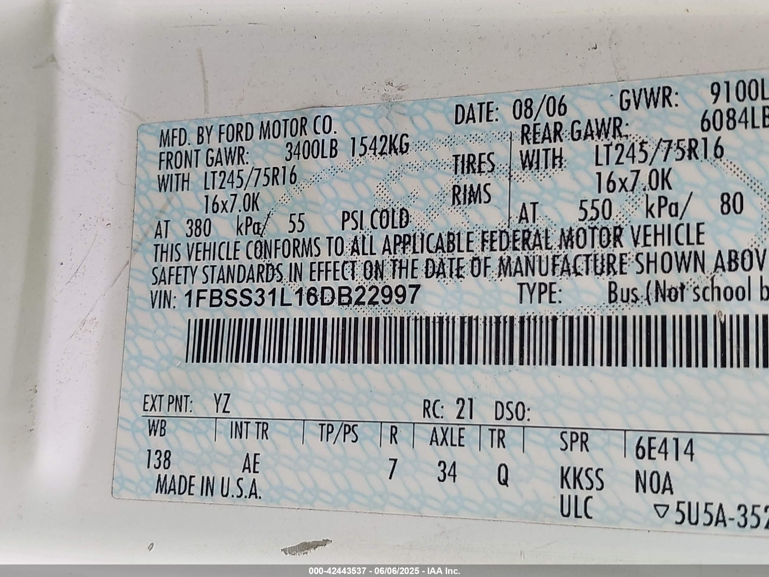 2006 Ford E-350 Super Duty Xl/xlt White vin: 1FBSS31L16DB22997