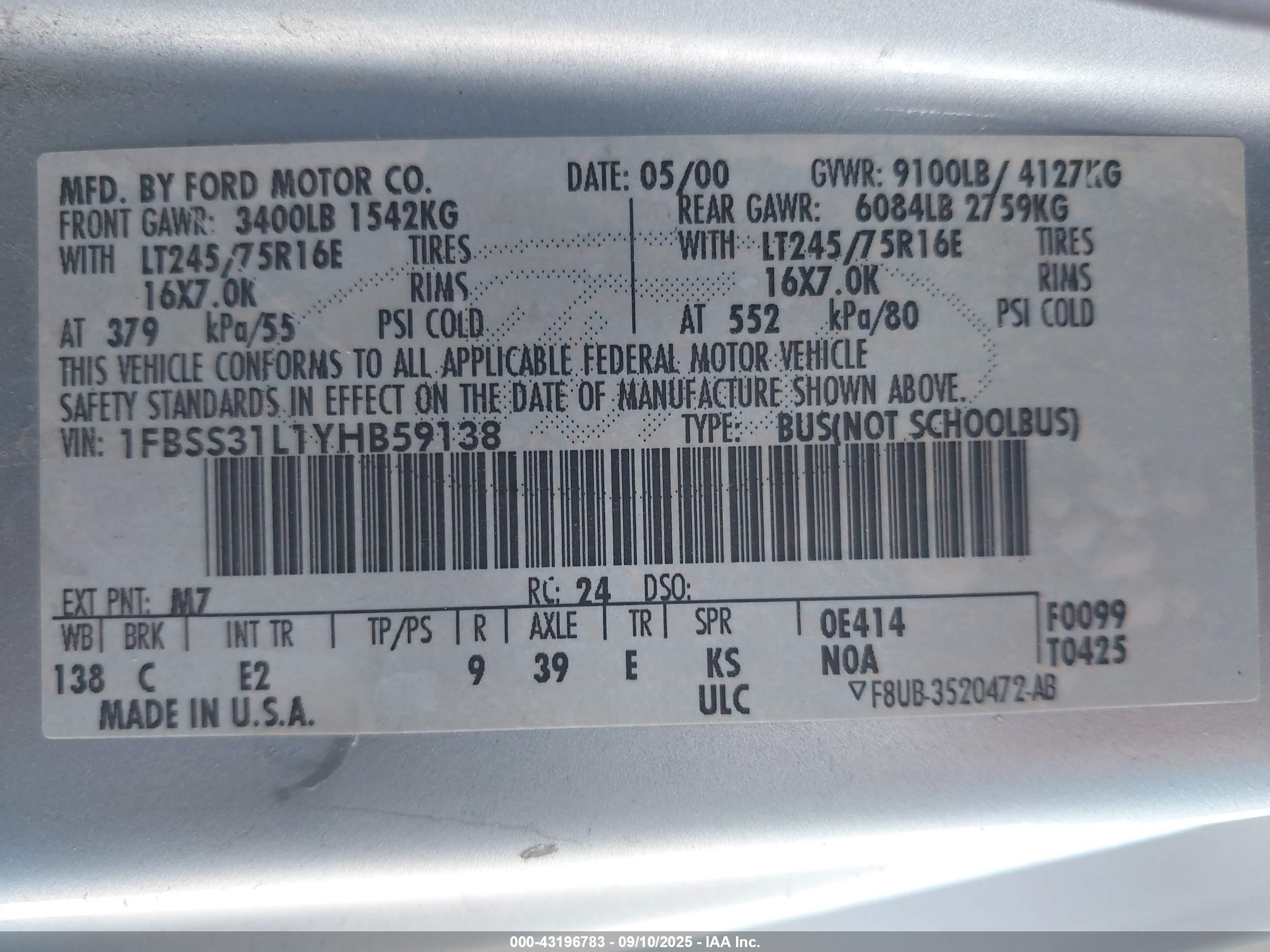 2000 Ford E-350 Super Duty Xl/xlt Light Blue vin: 1FBSS31L1YHB59138