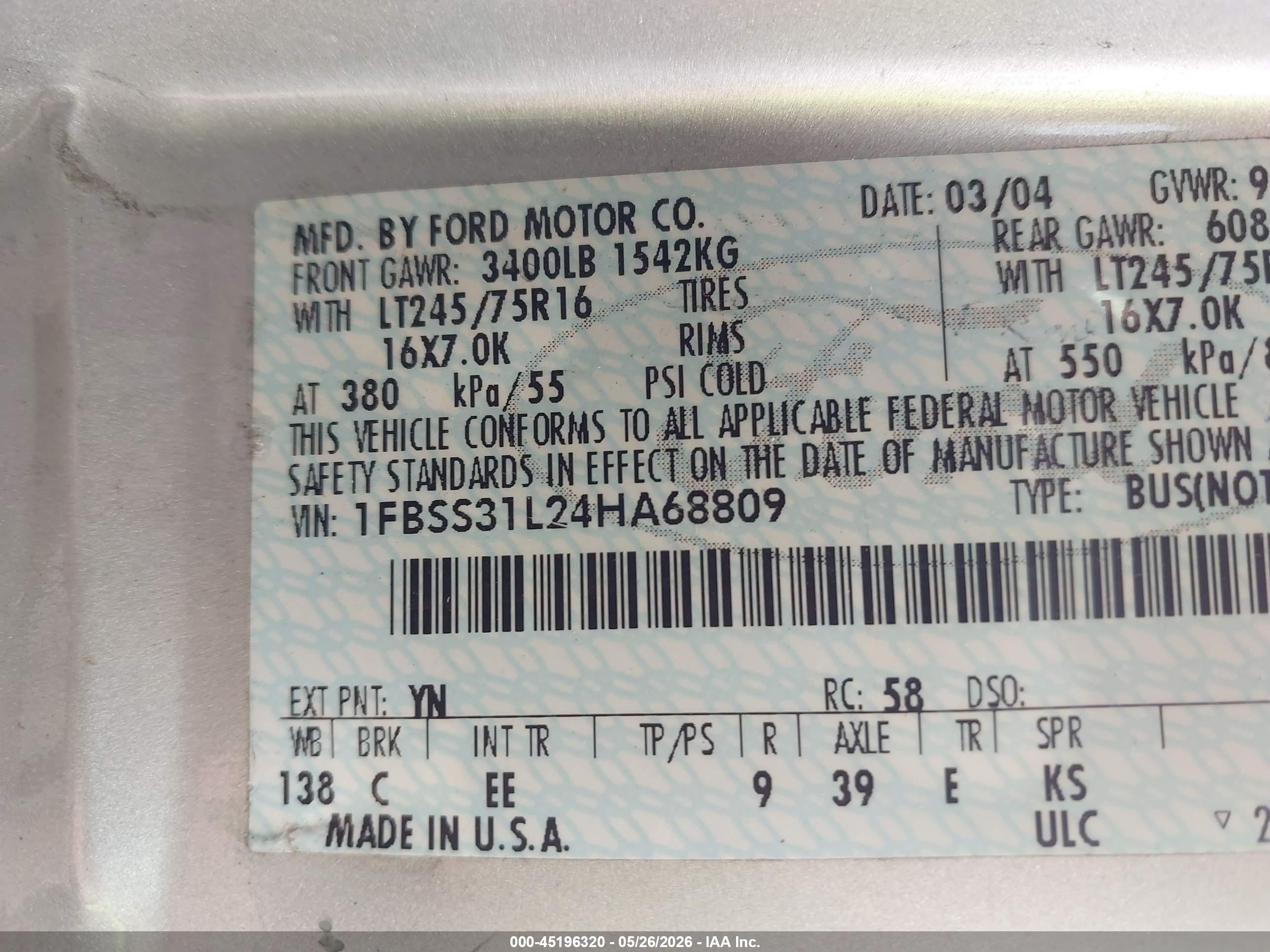 2004 Ford E-350 Super Duty Xl/xlt Silver vin: 1FBSS31L24HA68809