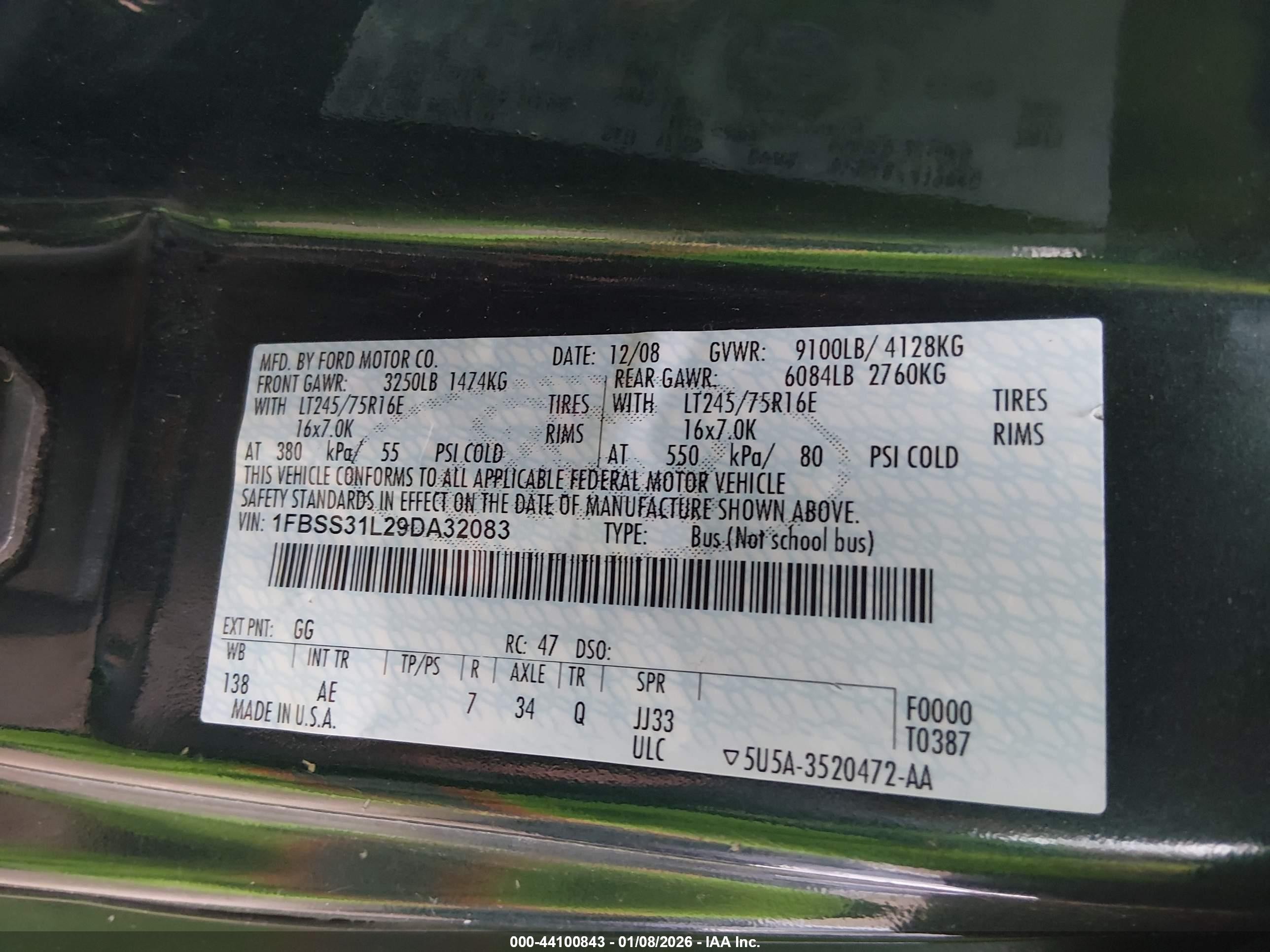 2009 Ford E-350 Super Duty Xl/xlt Green vin: 1FBSS31L29DA32083