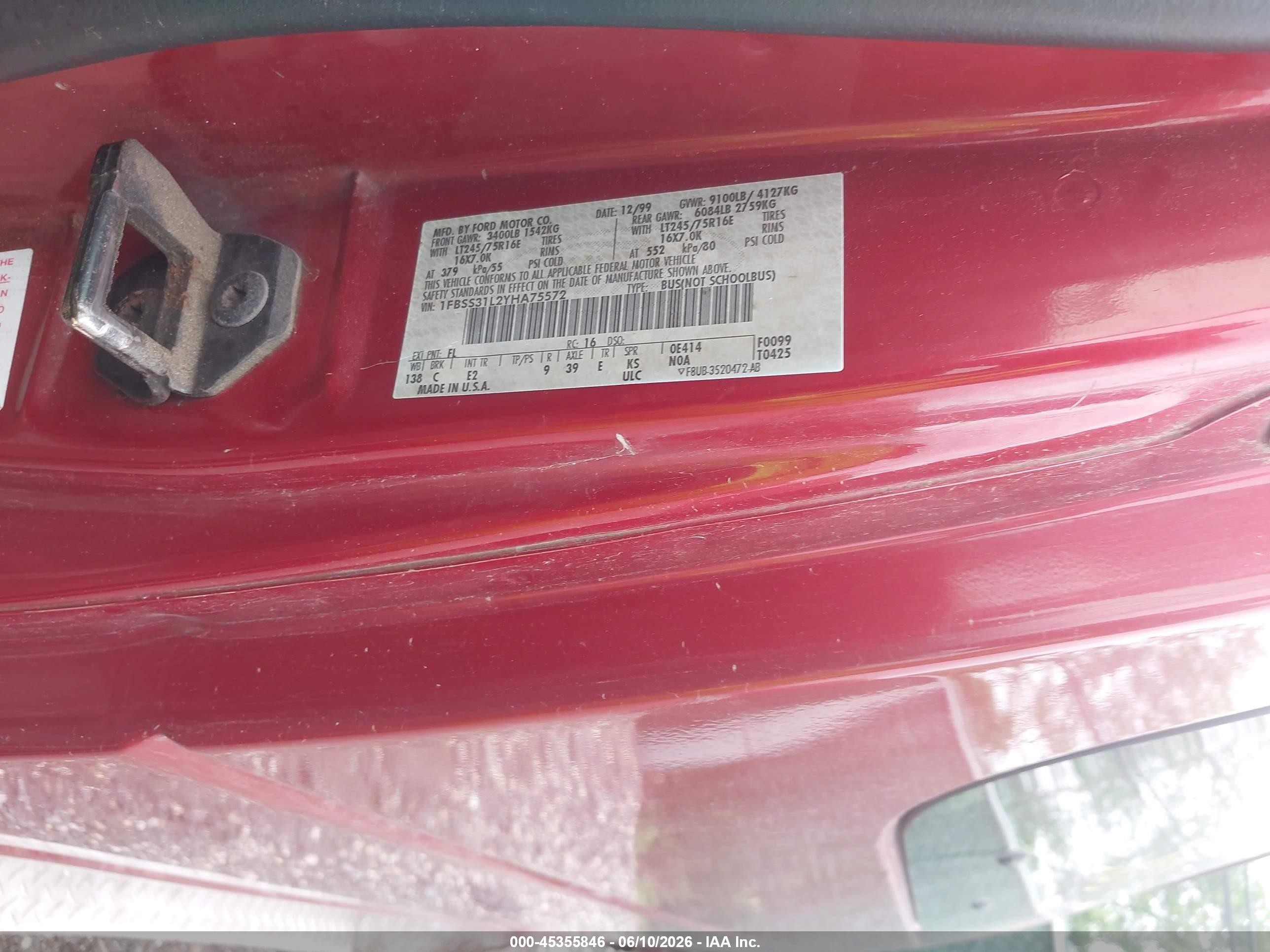 2000 Ford E-350 Super Duty Xl/xlt Red vin: 1FBSS31L2YHA75572