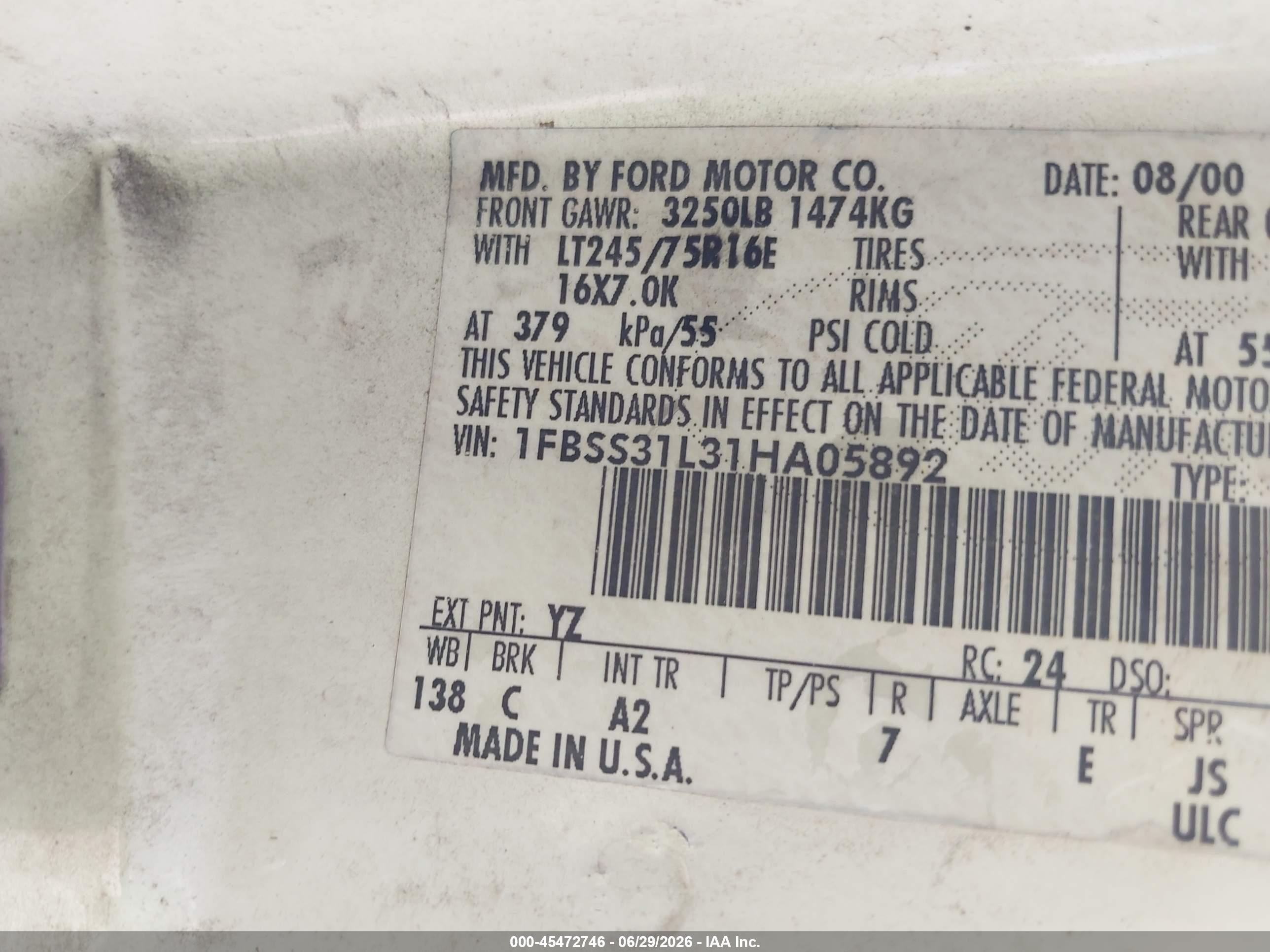 2001 Ford E-350 Super Duty Xl/xlt White vin: 1FBSS31L31HA05892