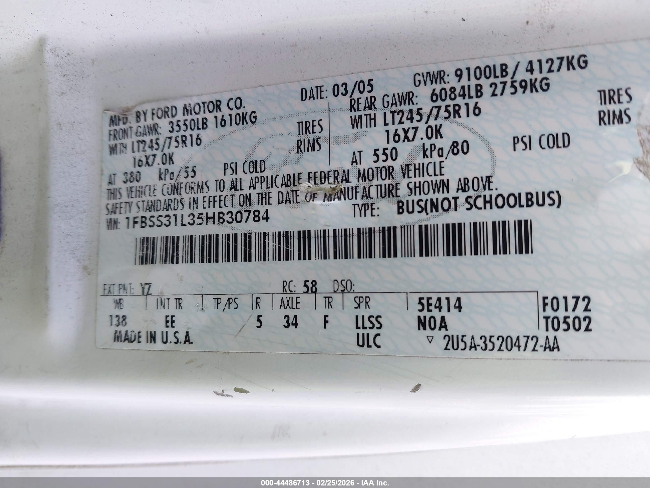 2005 Ford E-350 Super Duty Xl/xlt White vin: 1FBSS31L35HB30784