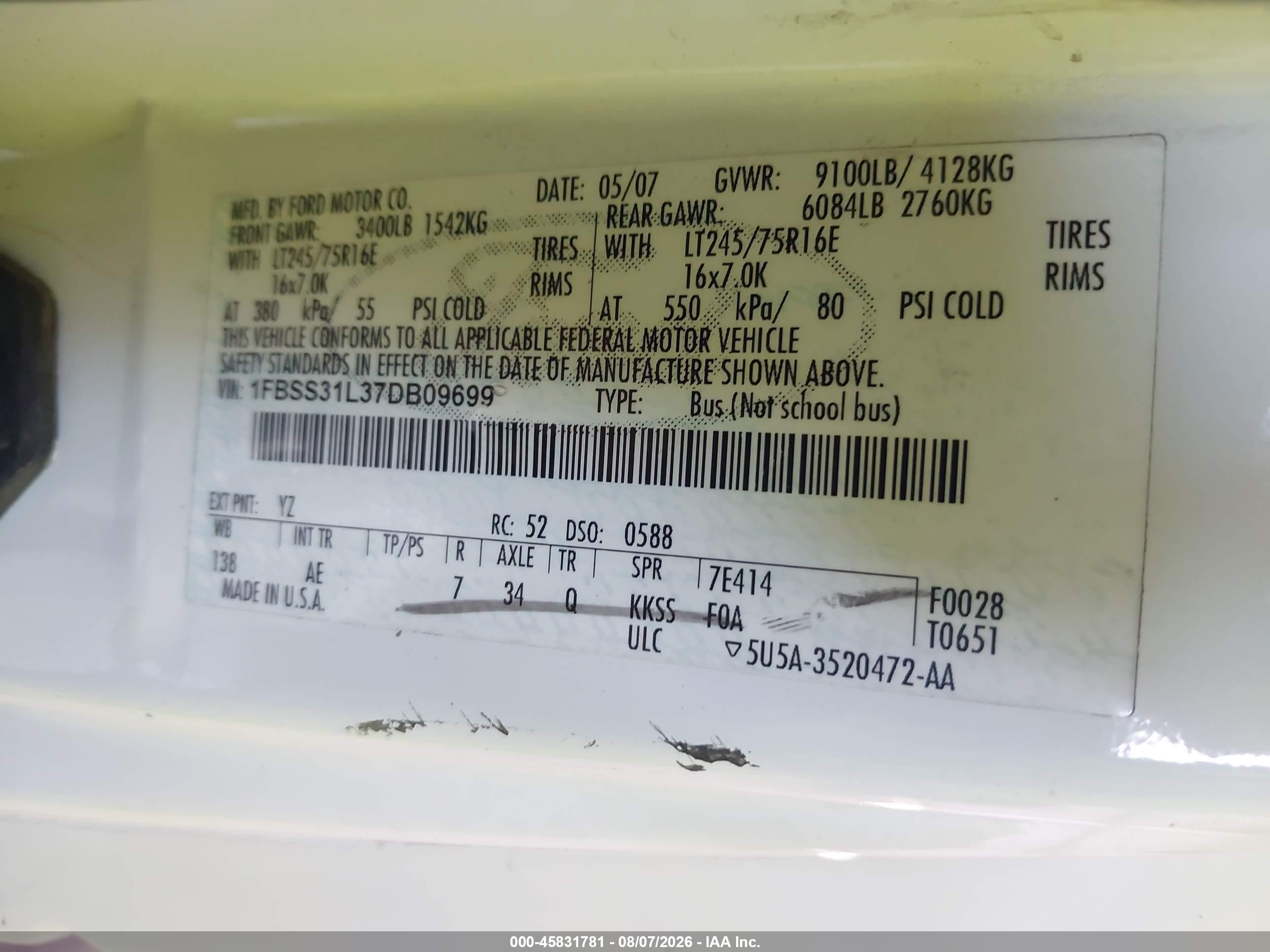 2007 Ford E-350 Super Duty Xl/xlt White vin: 1FBSS31L37DB09699