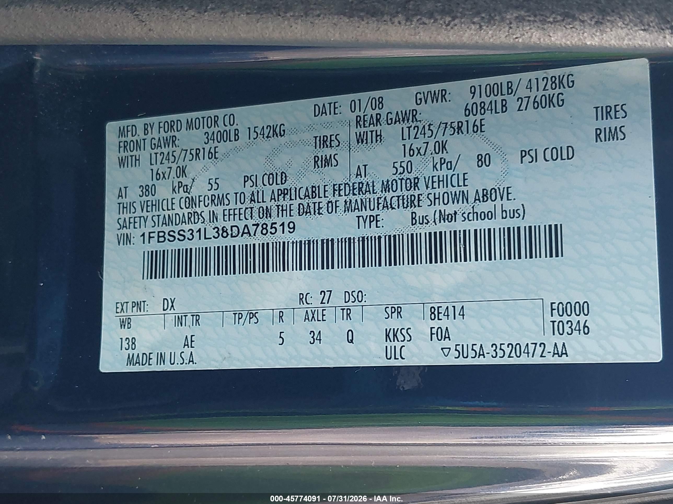 2008 Ford E-350 Super Duty Xl/xlt Black vin: 1FBSS31L38DA78519