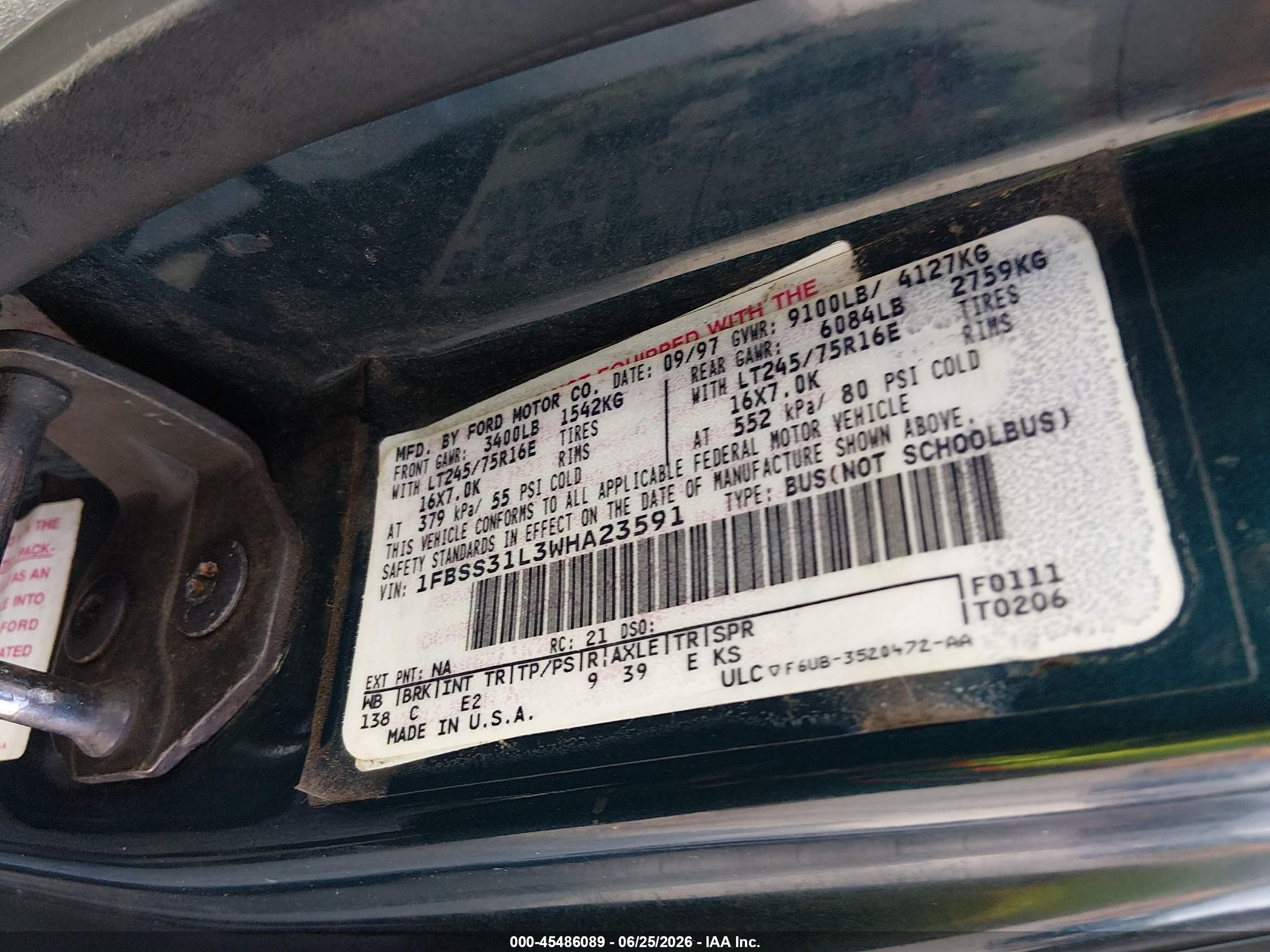 1998 Ford Super Club Wagon Xl/xlt Black vin: 1FBSS31L3WHA23591
