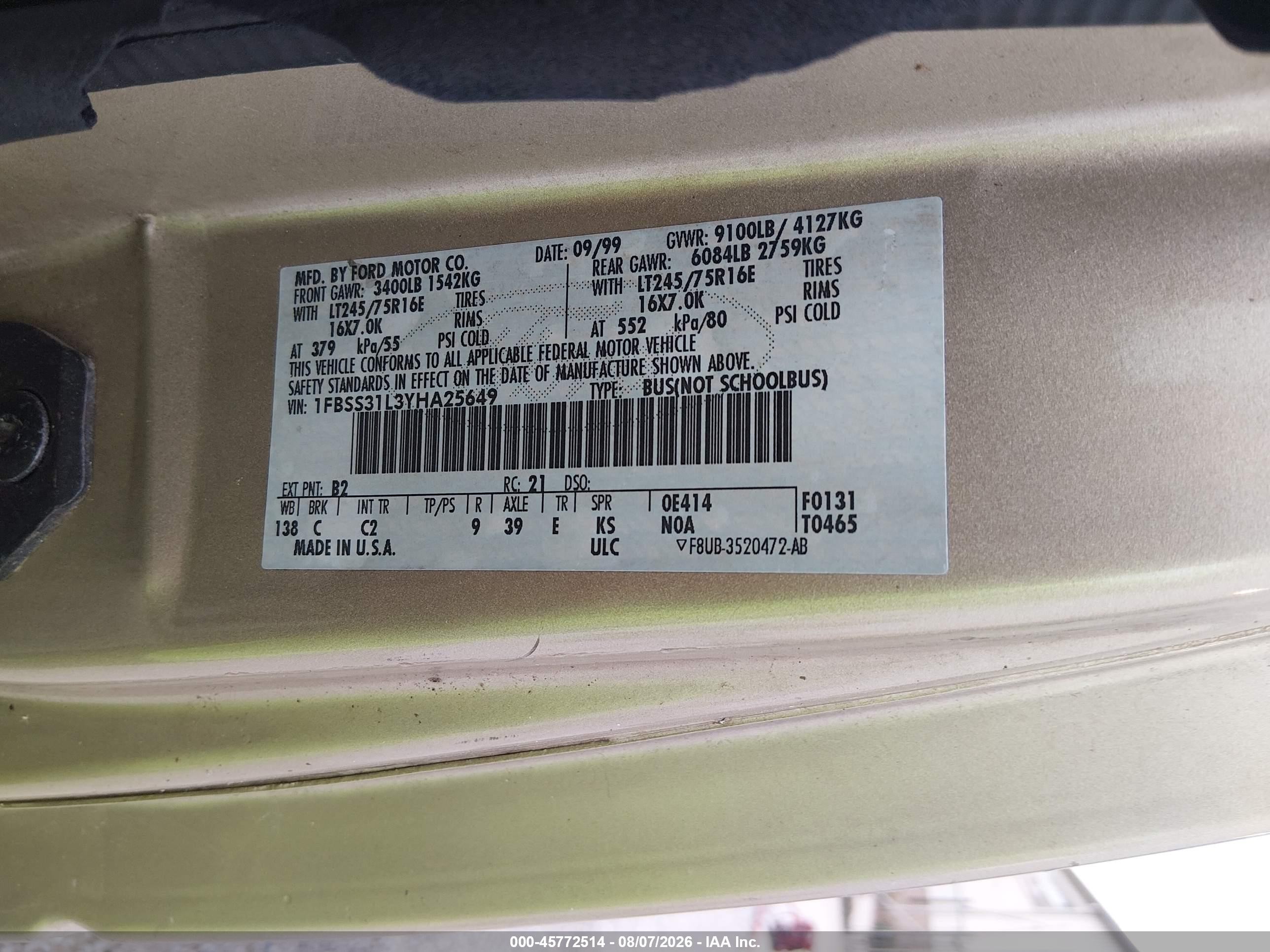 2000 Ford E-350 Super Duty Xl/xlt Gold vin: 1FBSS31L3YHA25649