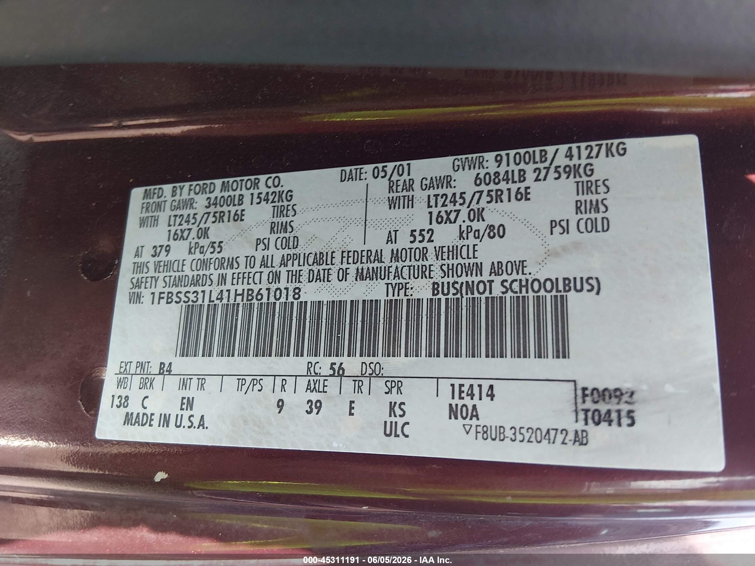 2001 Ford E-350 Super Duty Xl/xlt Maroon vin: 1FBSS31L41HB61018