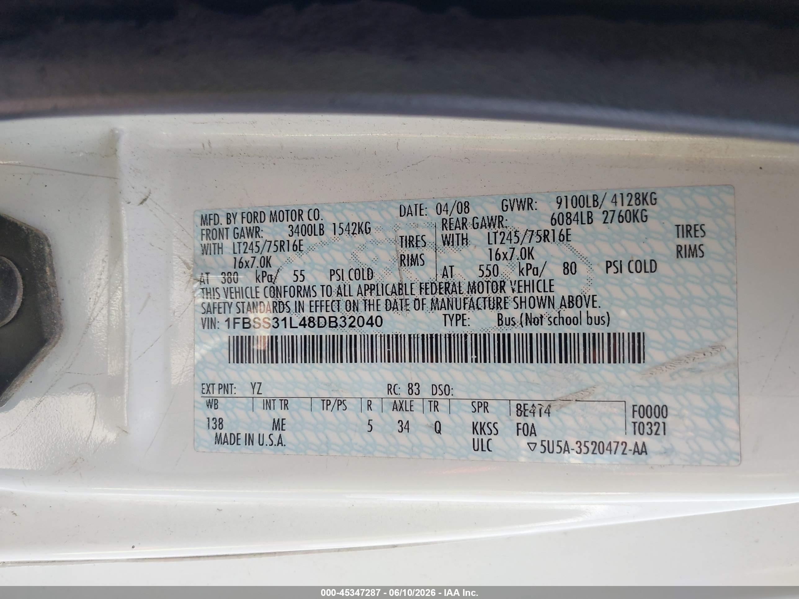 2008 Ford E-350 Super Duty Xl/xlt White vin: 1FBSS31L48DB32040