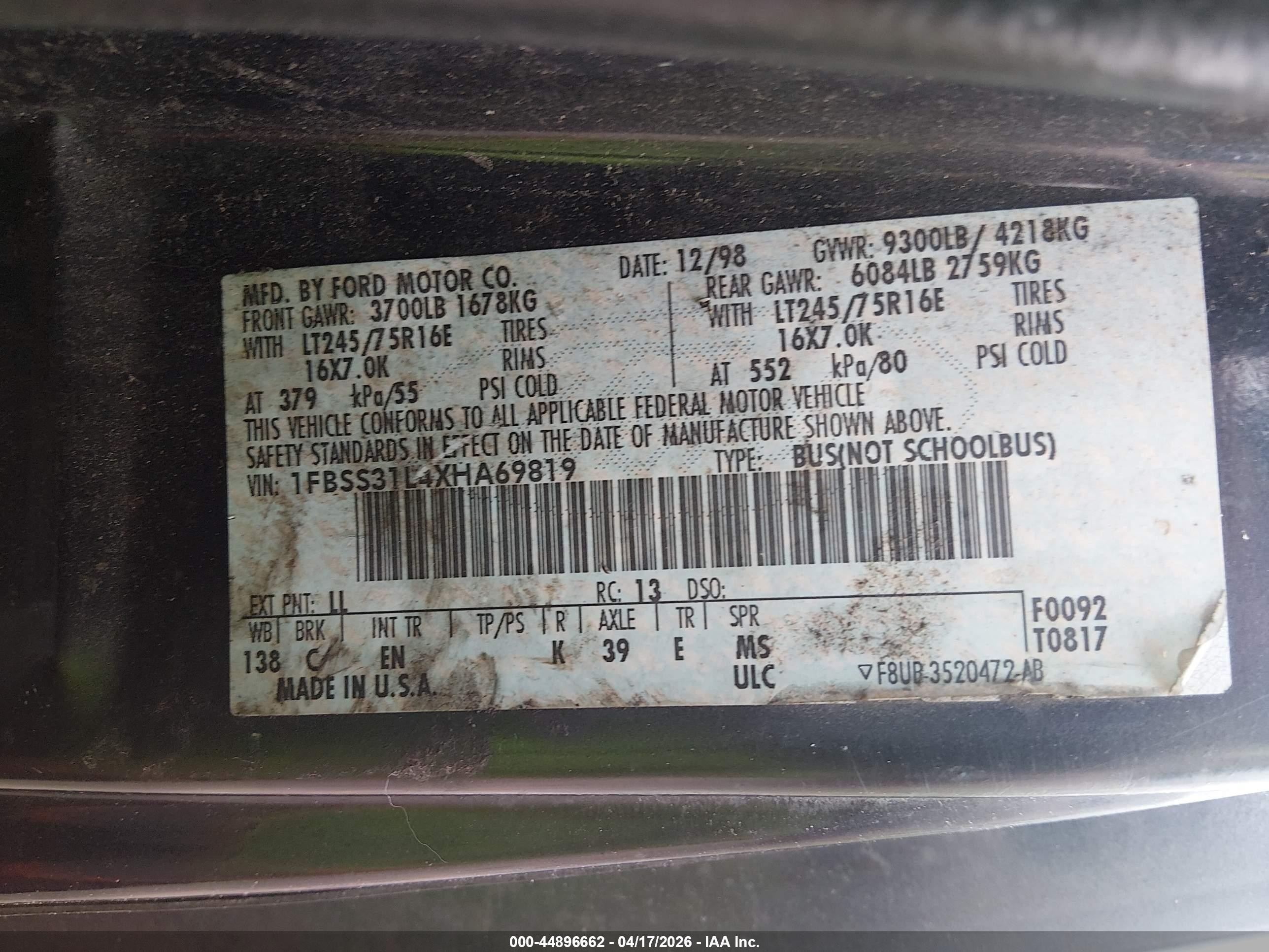 1999 Ford E-350 Super Duty Xl/xlt Blue vin: 1FBSS31L4XHA69819